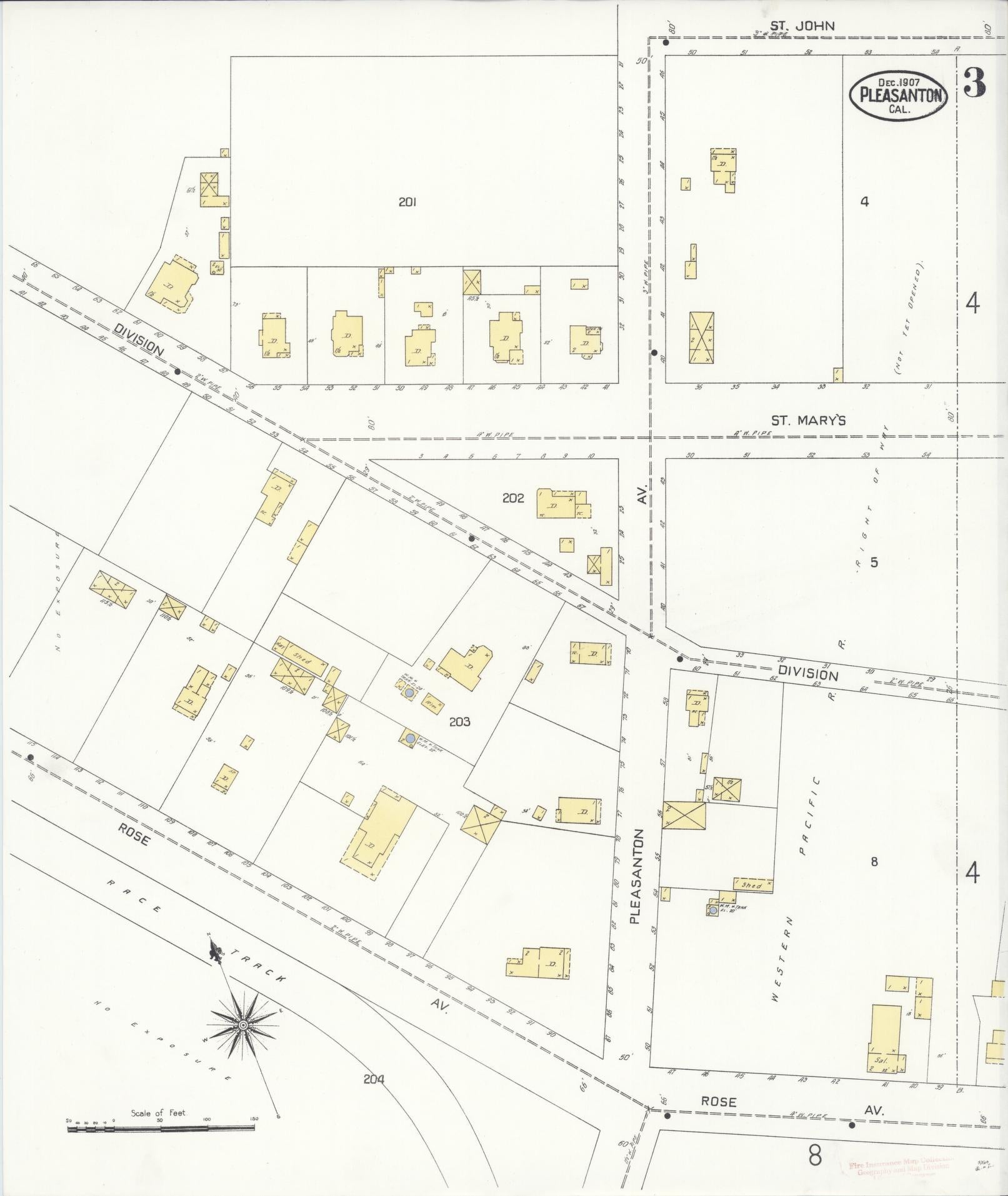 Sanborn Fire Insurance Map from Pleasanton, Alameda County, California (1907), Sheet #0003 - Complete Map Set gallery image, historic Sanborn map, vintage wall art, California California