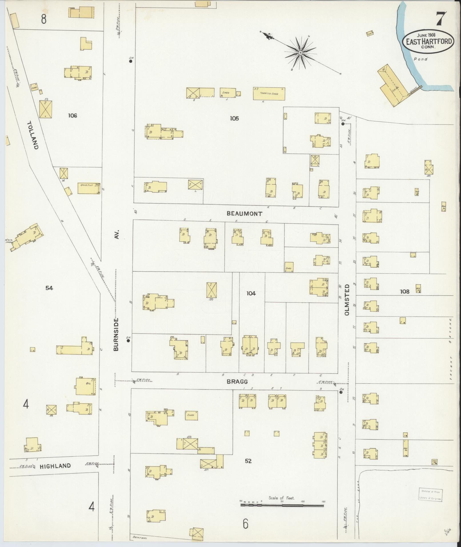 Sanborn Fire Insurance Map from East Hartford, Hartford County, Connecticut (1908), Sheet #0007 - Historic Sanborn Fire Insurance Map Print, vintage old map wall art, antique decor, genealogy gift, Connecticut Connecticut map