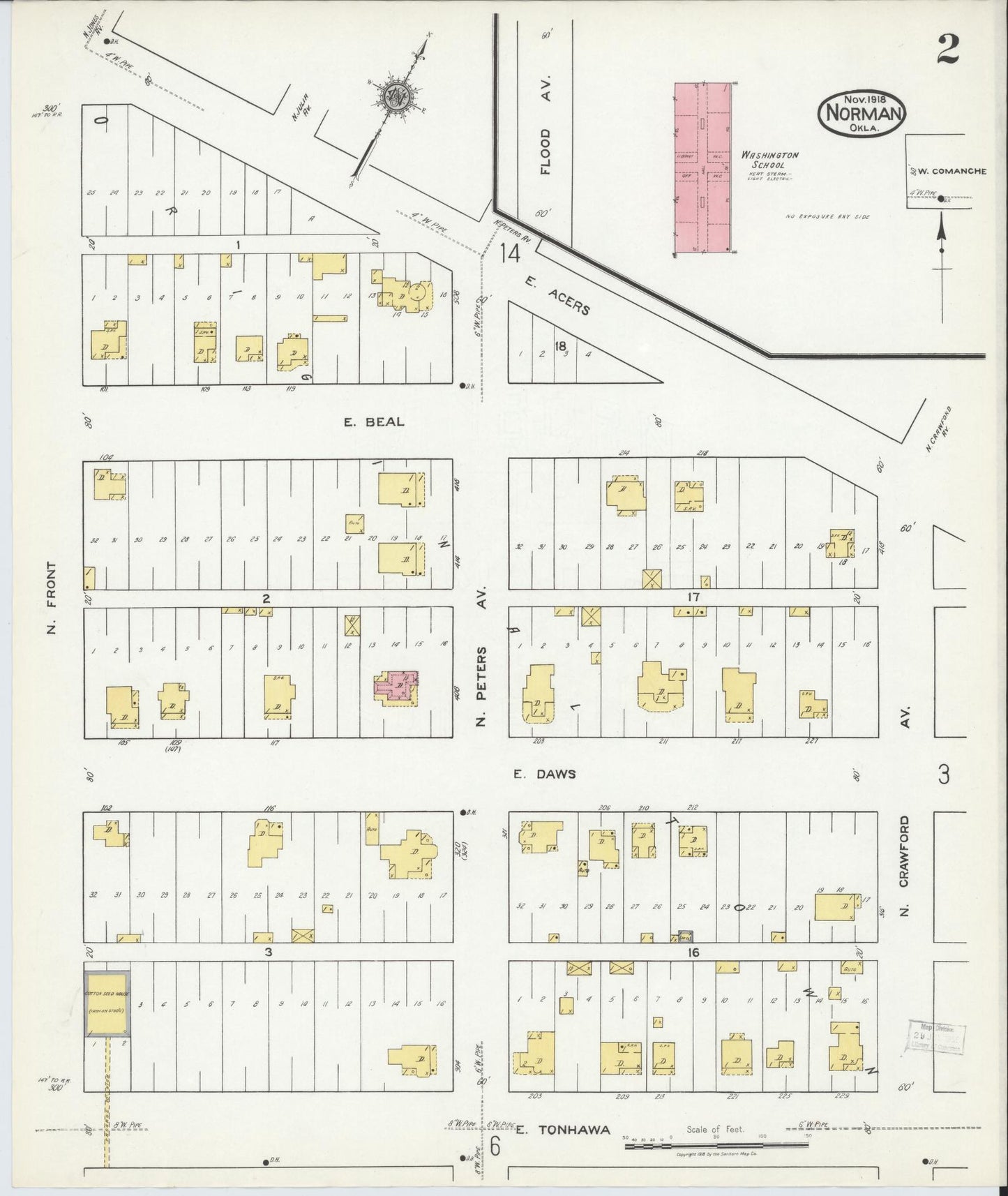 Sanborn Fire Insurance Map from Norman, Cleveland County, Oklahoma (1918), Sheet #0002 - Complete Map Set gallery image, historic Sanborn map, vintage wall art, Oklahoma Oklahoma