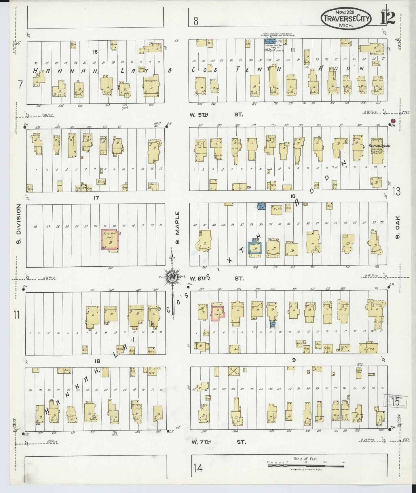 Sanborn Fire Insurance Map from Traverse City, Grand Traverse County, Michigan (1920), Sheet #0012 - Historic Sanborn Fire Insurance Map Print, vintage old map wall art, antique decor, genealogy gift, Michigan Michigan map