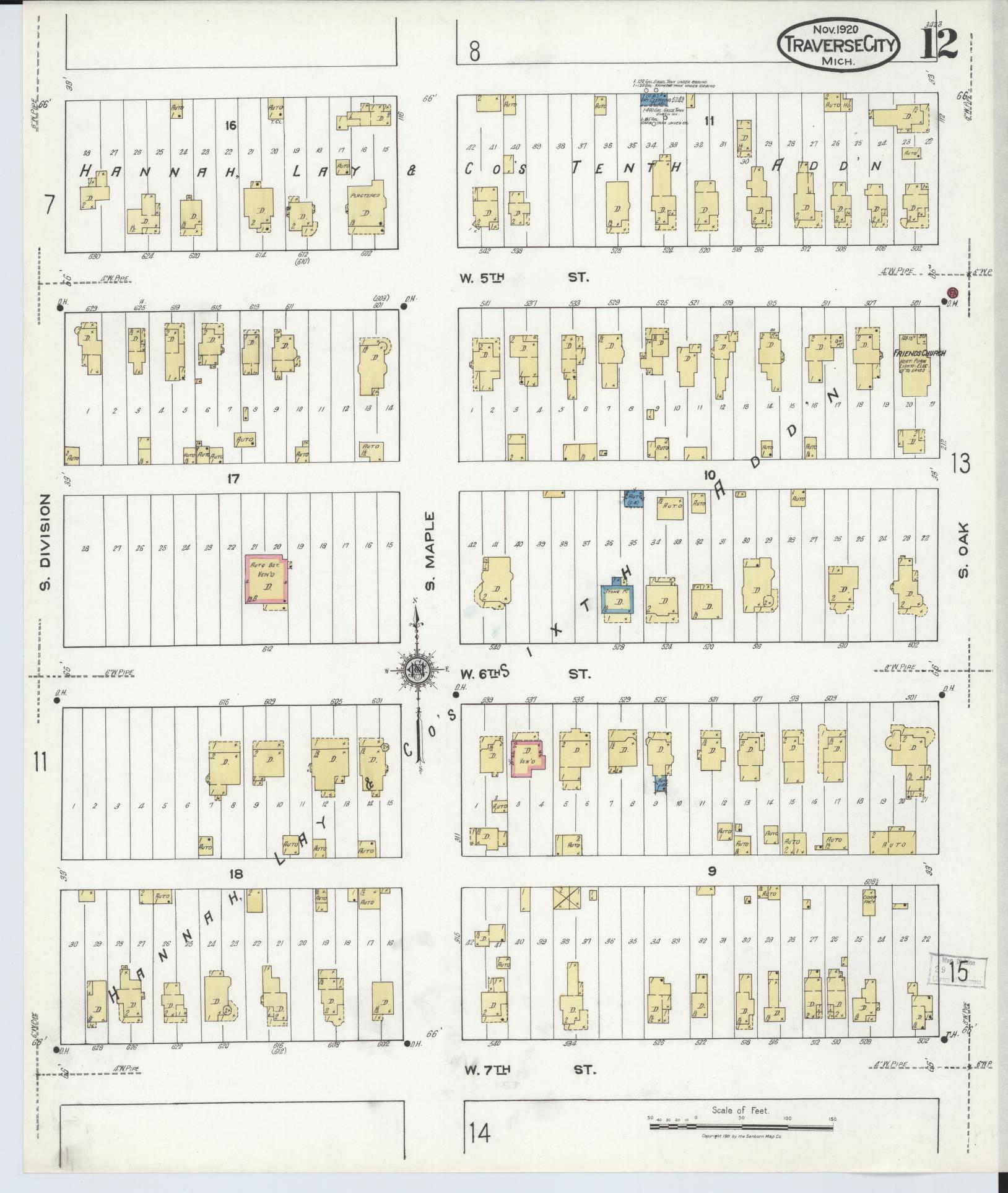 Sanborn Fire Insurance Map from Traverse City, Grand Traverse County, Michigan (1920), Sheet #0012 - Historic Sanborn Fire Insurance Map Print, vintage old map wall art, antique decor, genealogy gift, Michigan Michigan map