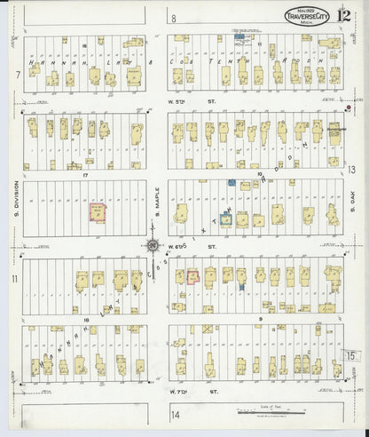 Sanborn Fire Insurance Map from Traverse City, Grand Traverse County, Michigan (1920), Sheet #0012 - Historic Sanborn Fire Insurance Map Print, vintage old map wall art, antique decor, genealogy gift, Michigan Michigan map