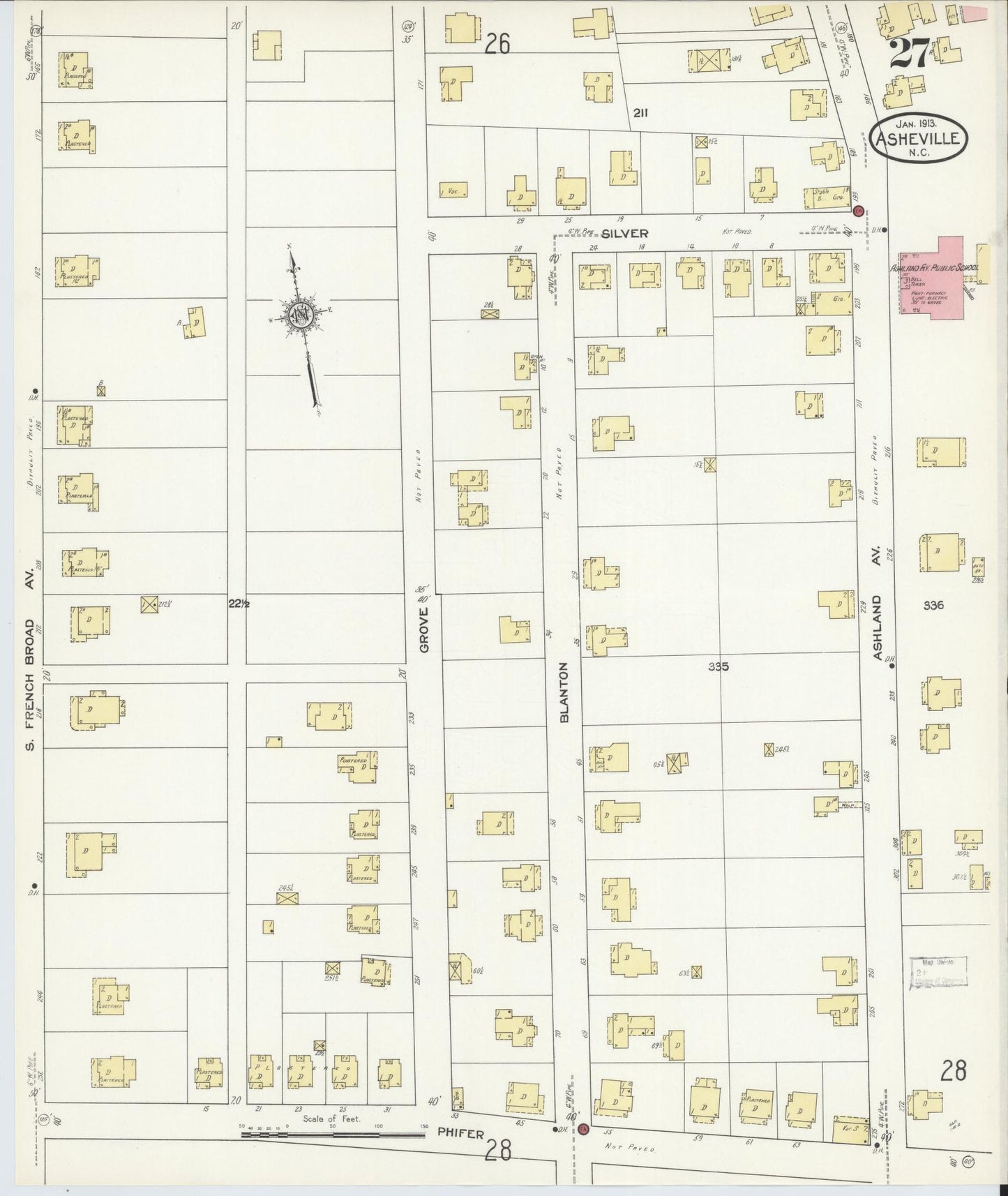 Sanborn Fire Insurance Map from Asheville, Buncombe County, North Carolina (1913), Sheet #0027 - Historic Sanborn Fire Insurance Map Print, vintage old map wall art, antique decor, genealogy gift, North Carolina North Carolina map
