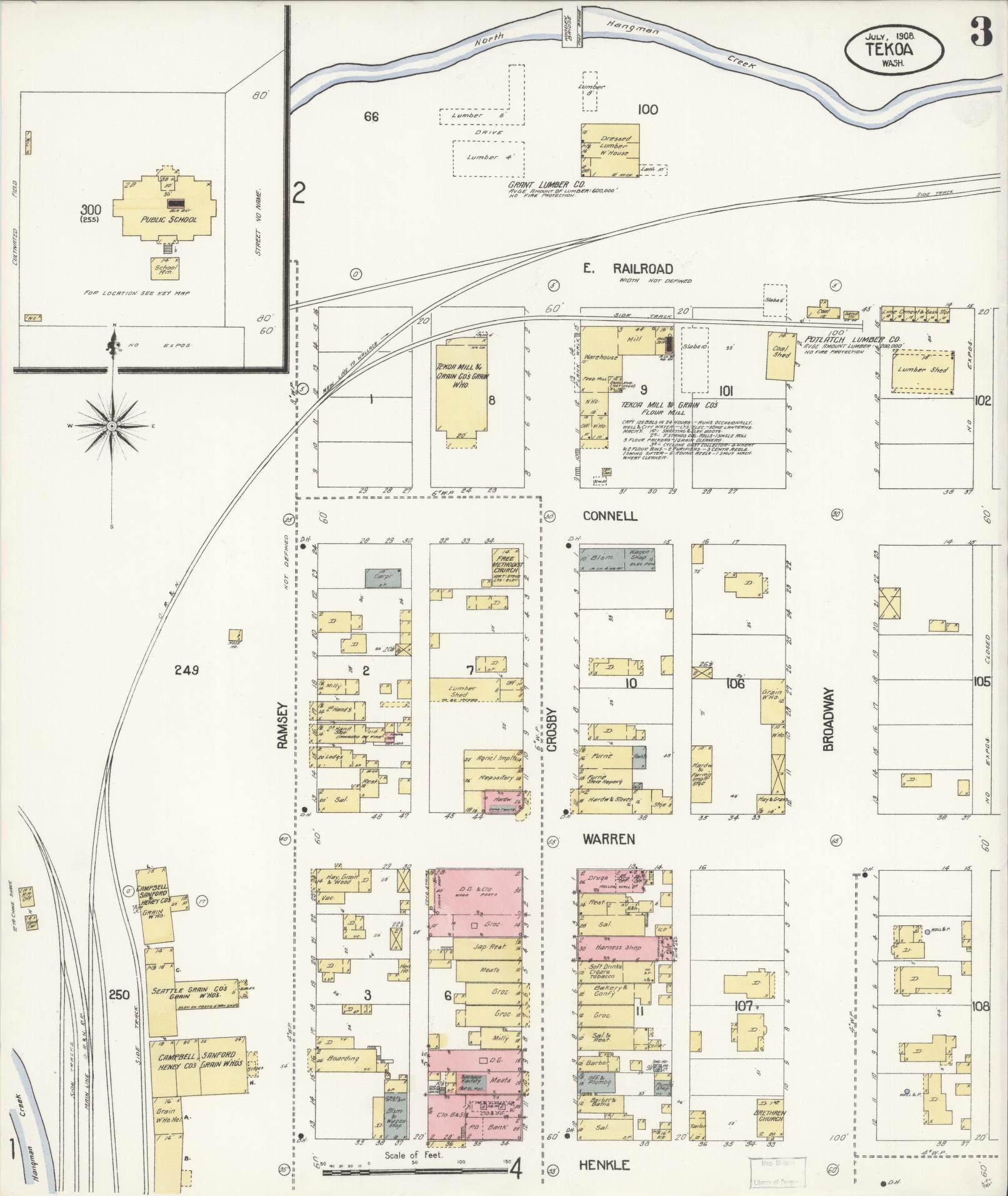 Sanborn Fire Insurance Map from Tekoa, Whitman County, Washington (1908), Sheet #0003 - Historic Sanborn Fire Insurance Map Print, vintage old map wall art, antique decor, genealogy gift, Washington Washington map