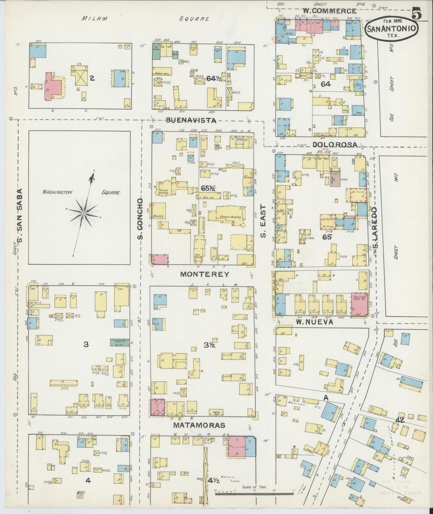 Sanborn Fire Insurance Map from San Antonio, Bexar County, Texas (1892), Sheet #0005 - Historic Sanborn Fire Insurance Map Print, vintage old map wall art, antique decor, genealogy gift, Texas Texas map