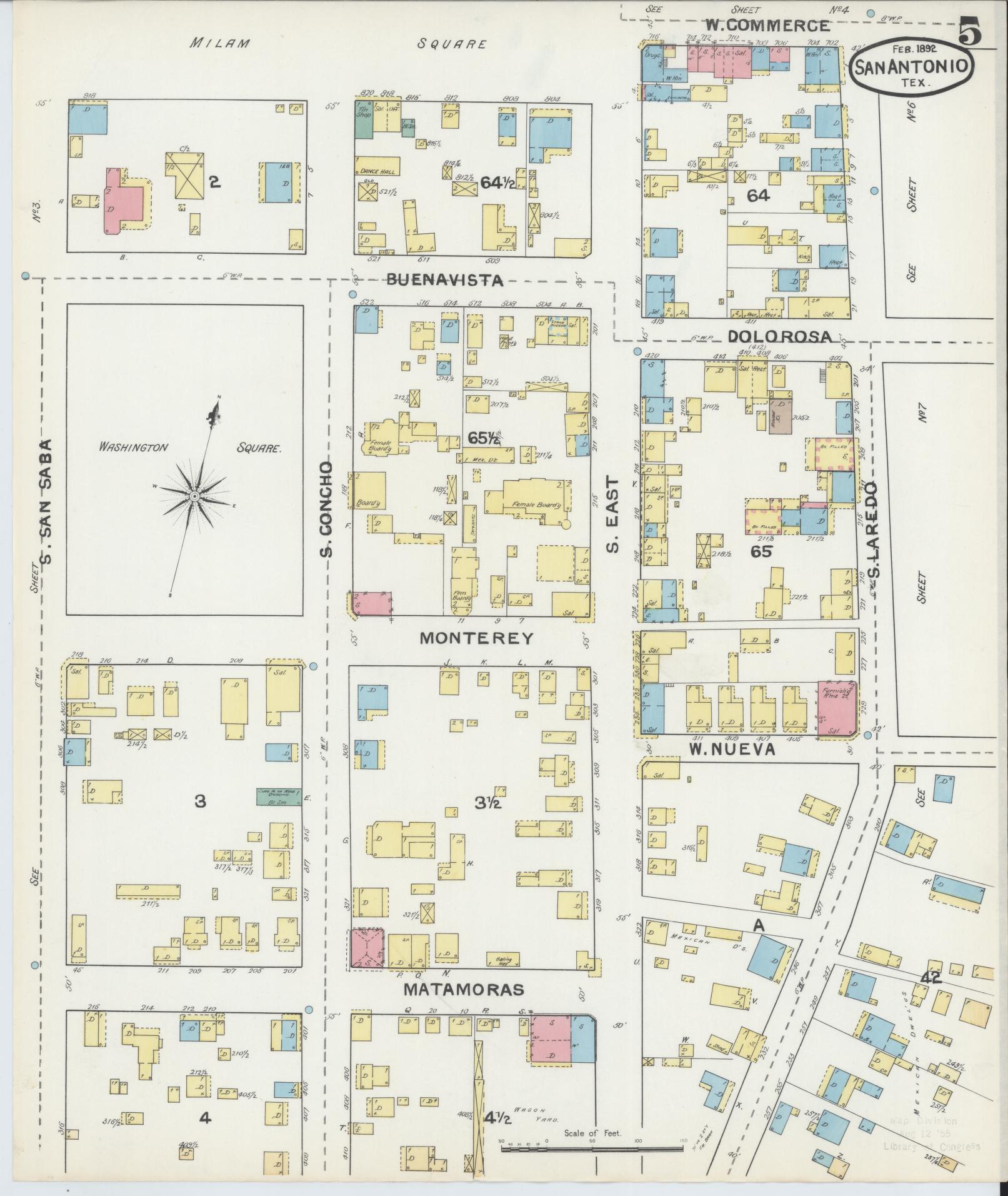 Sanborn Fire Insurance Map from San Antonio, Bexar County, Texas (1892), Sheet #0005 - Historic Sanborn Fire Insurance Map Print, vintage old map wall art, antique decor, genealogy gift, Texas Texas map