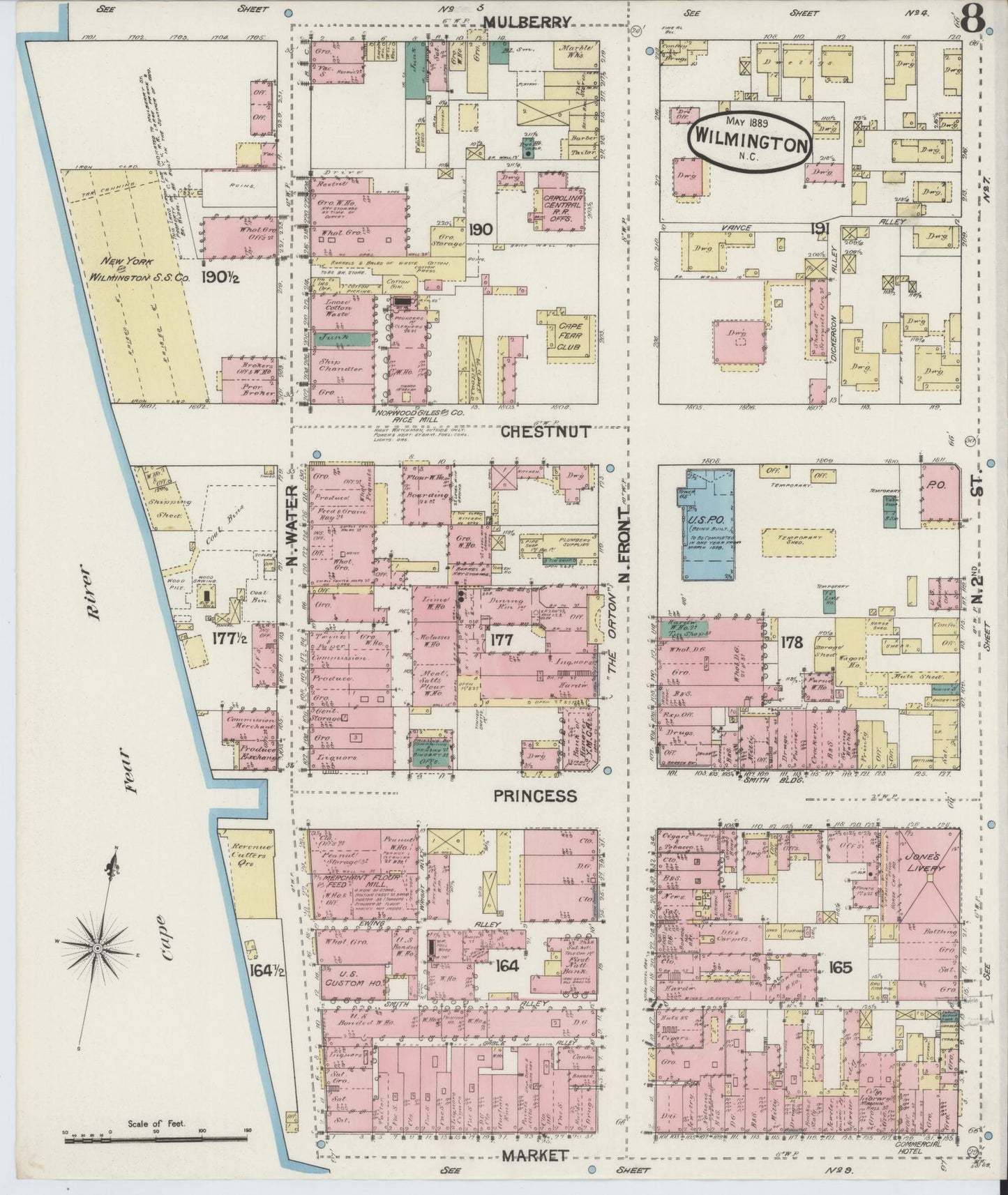 Sanborn Fire Insurance Map from Wilmington, New Hanover County, North Carolina (1889), Sheet #0008 - Complete Map Set gallery image, historic Sanborn map, vintage wall art, North Carolina North Carolina