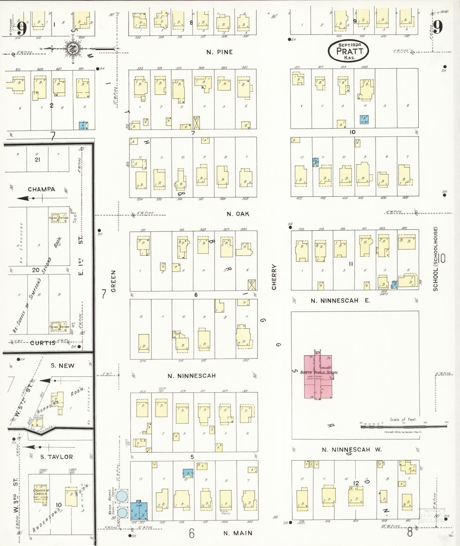 Sanborn Fire Insurance Map from Pratt, Pratt County, Kansas (1924), Sheet #0009 - Historic Sanborn Fire Insurance Map Print, vintage old map wall art, antique decor, genealogy gift, Kansas Kansas map