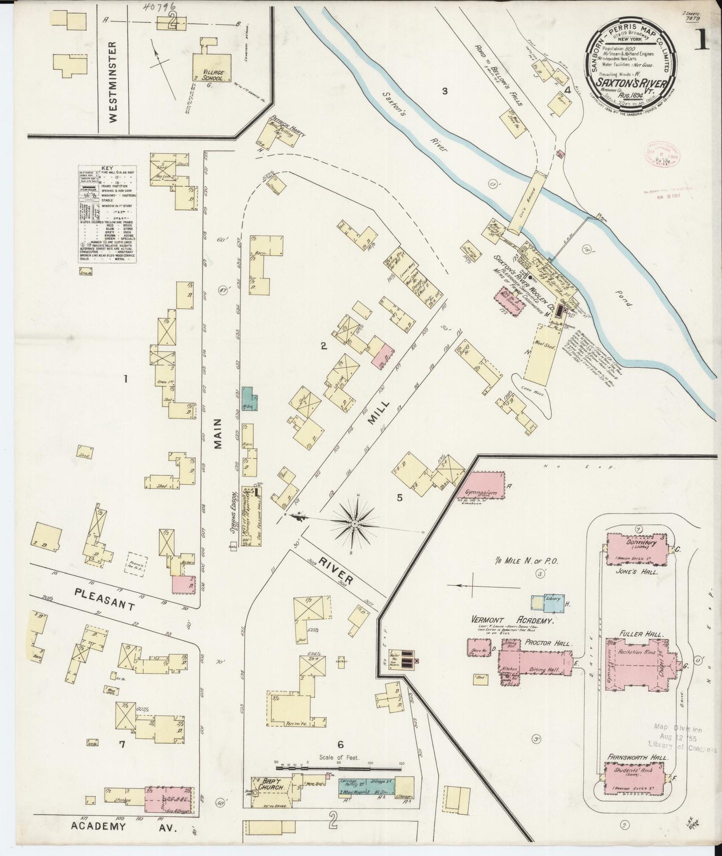 Sanborn Fire Insurance Map from Saxton's River, Windham County, Vermont (1894), Sheet #0001 - Complete Map Set gallery image, historic Sanborn map, vintage wall art, Vermont Vermont