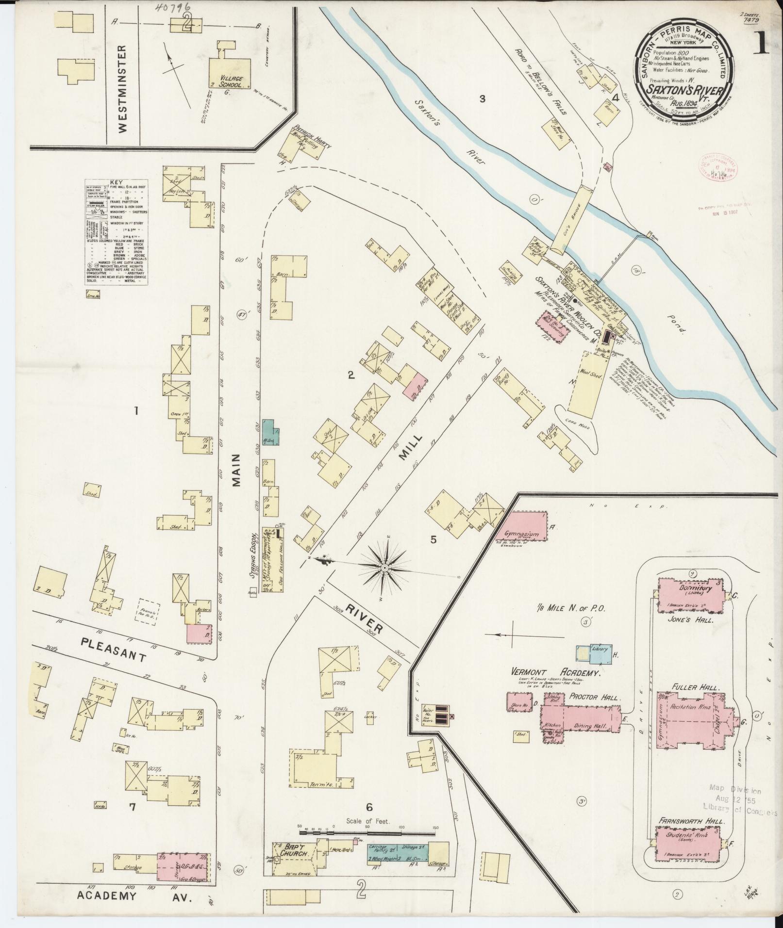 Sanborn Fire Insurance Map from Saxton's River, Windham County, Vermont (1894), Sheet #0001 - Complete Map Set gallery image, historic Sanborn map, vintage wall art, Vermont Vermont
