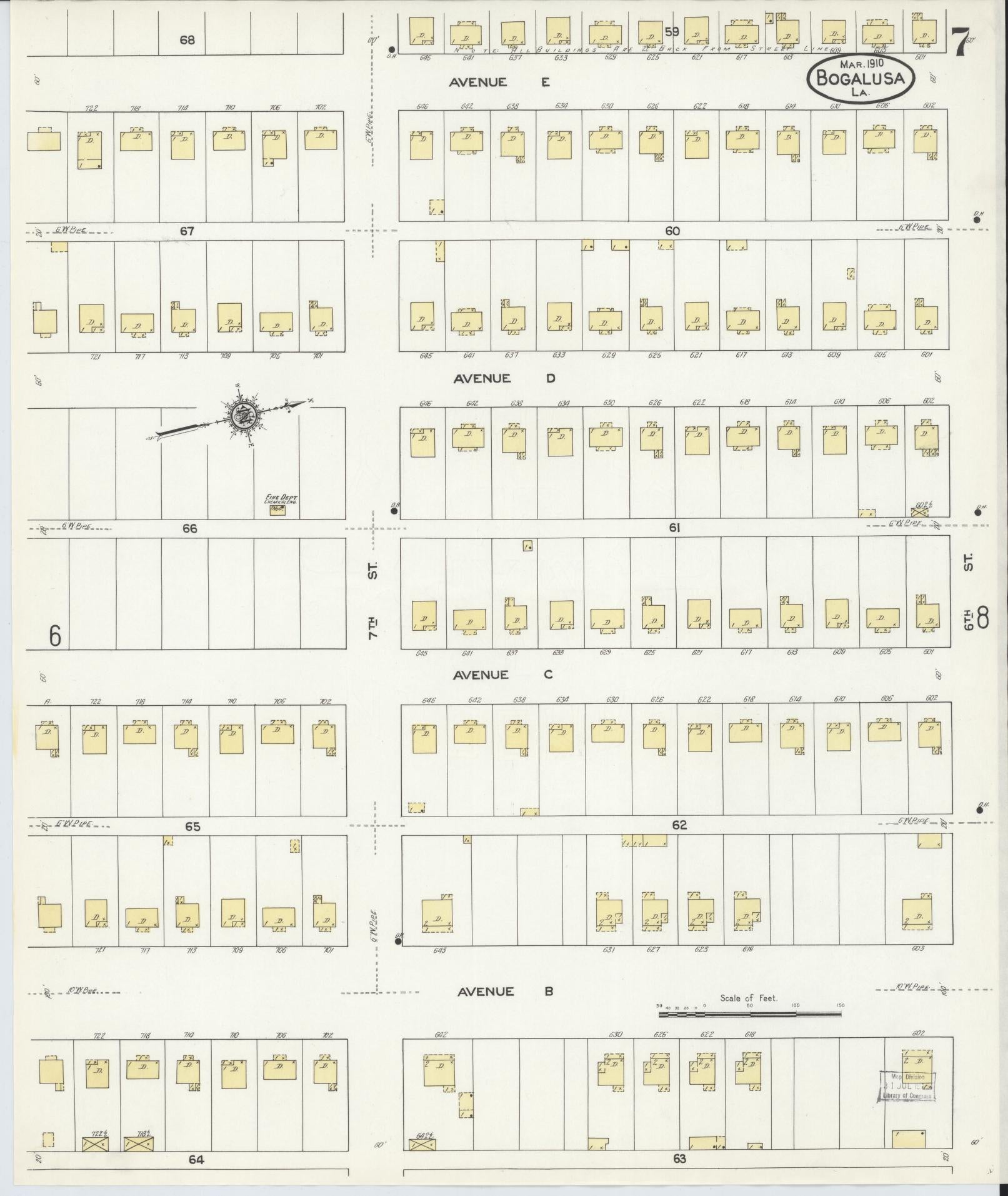 Sanborn Fire Insurance Map from Bogalusa, Washington Parish, Louisiana (1910), Sheet #0007 - Historic Sanborn Fire Insurance Map Print, vintage old map wall art, antique decor, genealogy gift, Louisiana Louisiana map