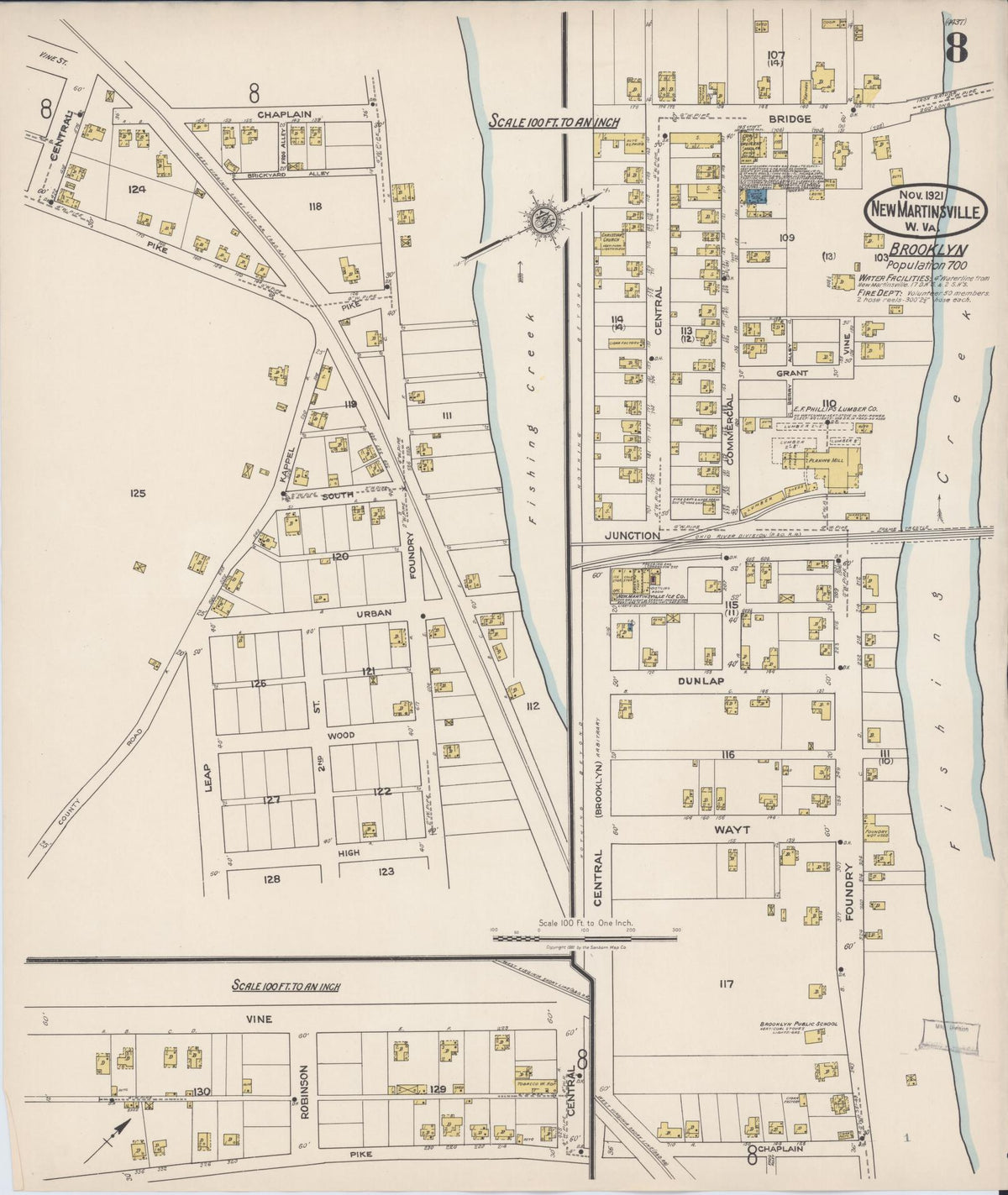 Sanborn Fire Insurance Map from New Martinsville, Wetzel County, West Virginia (1921), Sheet #0008 - Historic Sanborn Fire Insurance Map Print, vintage old map wall art, antique decor, genealogy gift, West Virginia West Virginia map