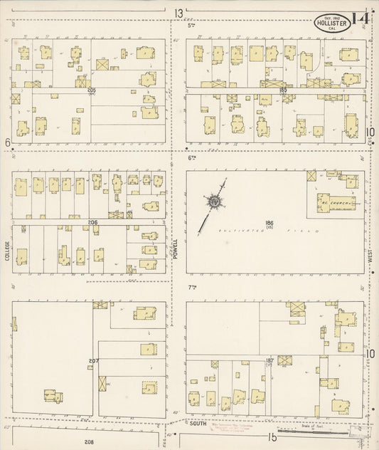 Sanborn Fire Insurance Map from Hollister, San Benito County, California (1910), Sheet #0014 - Historic Sanborn Fire Insurance Map Print, vintage old map wall art, antique decor, genealogy gift, California California map