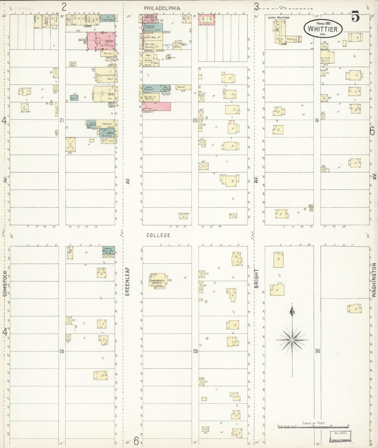 Sanborn Fire Insurance Map from Whittier, Los Angeles County, California (1900), Sheet #0005 - Complete Map Set gallery image, historic Sanborn map, vintage wall art, California California