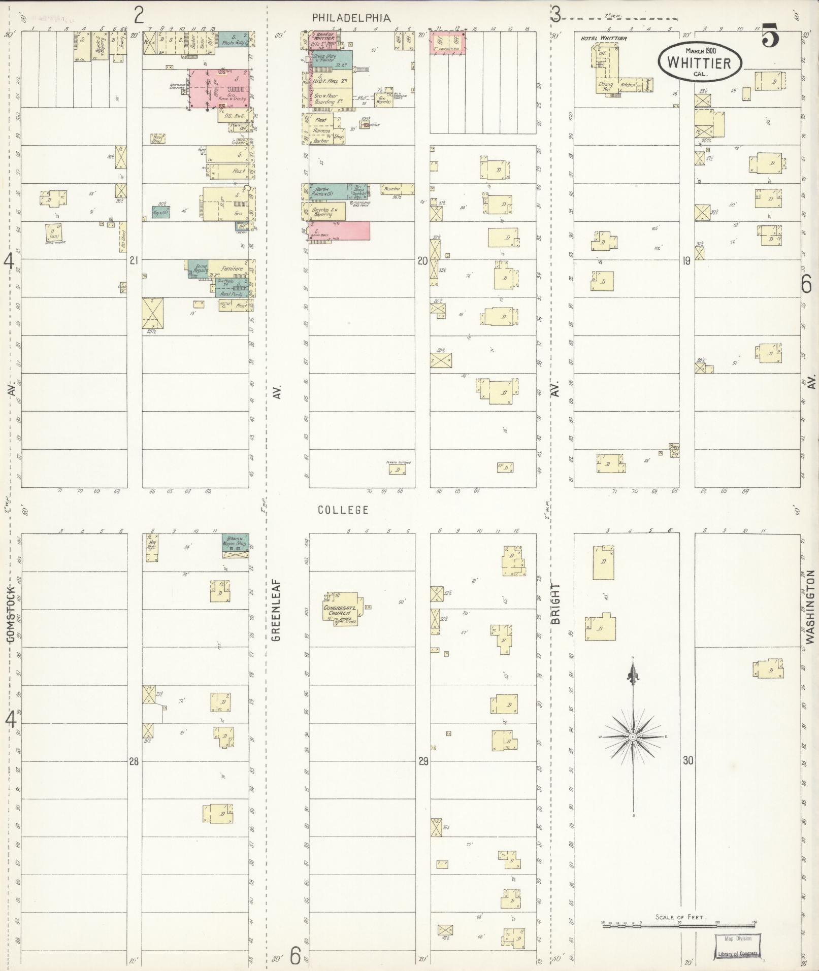 Sanborn Fire Insurance Map from Whittier, Los Angeles County, California (1900), Sheet #0005 - Complete Map Set gallery image, historic Sanborn map, vintage wall art, California California