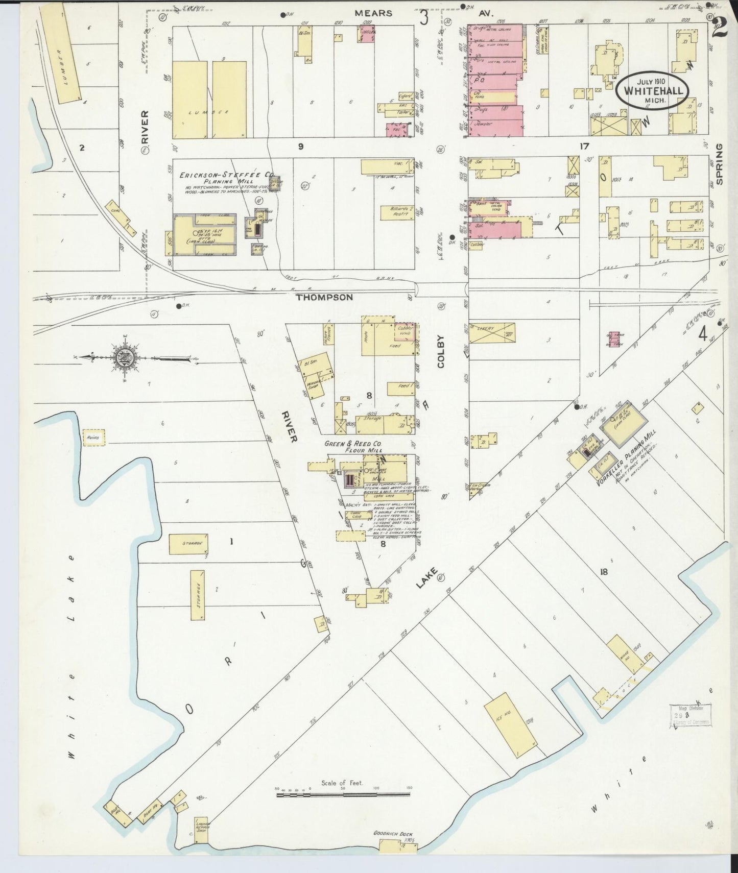 Sanborn Fire Insurance Map from Whitehall, Muskegon County, Michigan (1910), Sheet #0002 - Historic Sanborn Fire Insurance Map Print, vintage old map wall art, antique decor, genealogy gift, Michigan Michigan map