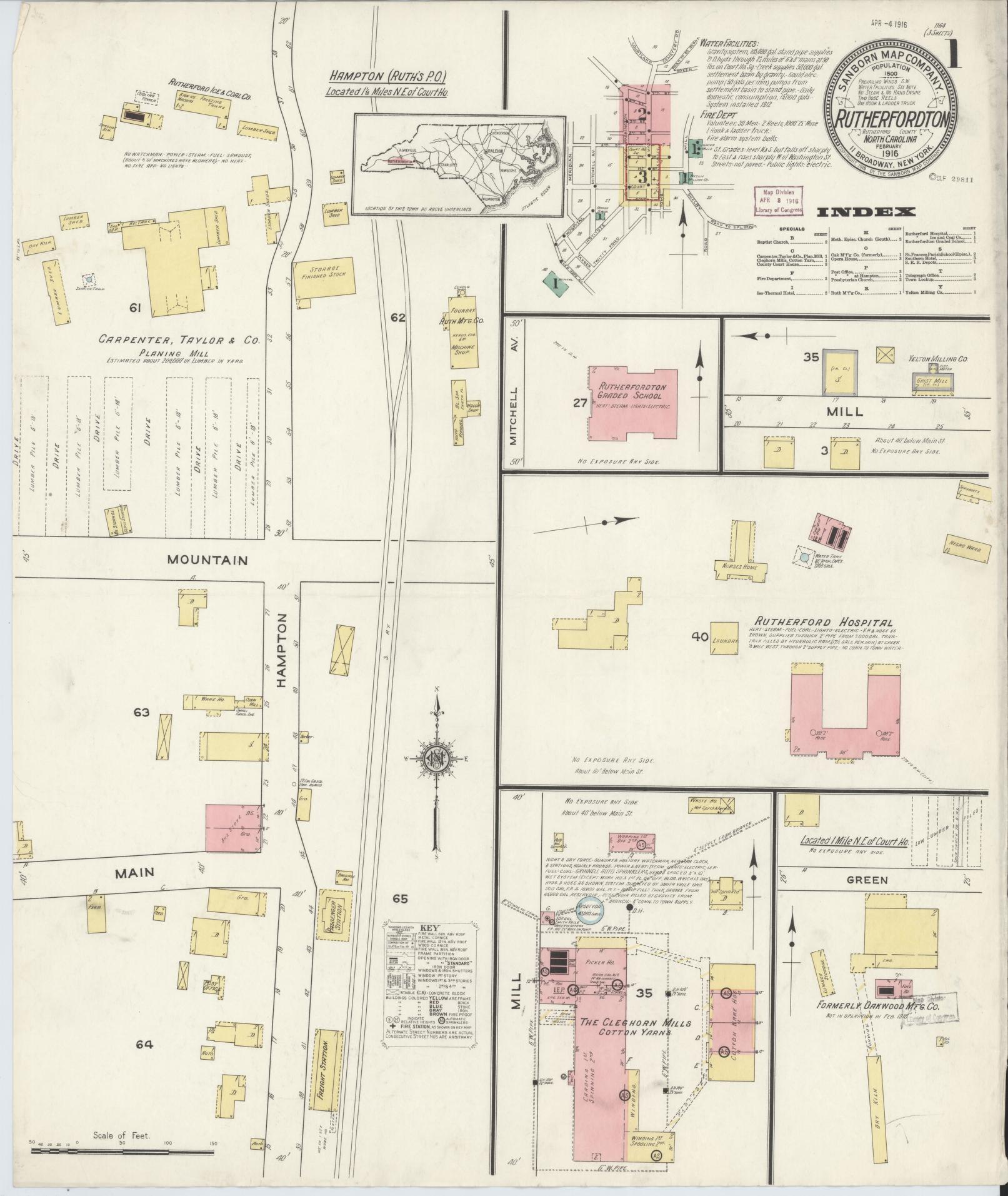 Sanborn Fire Insurance Map from Rutherfordton, Rutherford County, North Carolina (1916), Sheet #0001 - Complete Map Set gallery image, historic Sanborn map, vintage wall art, North Carolina North Carolina