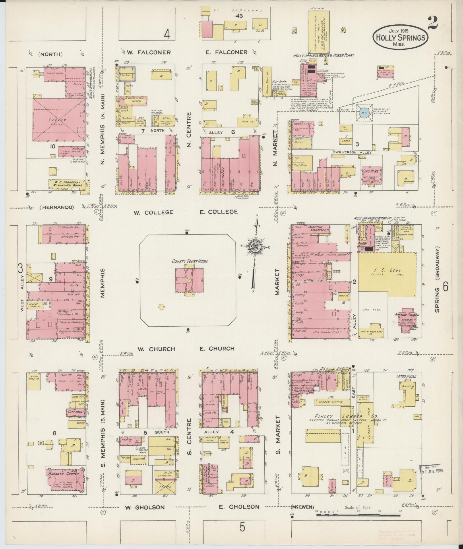 Sanborn Fire Insurance Map from Holly Springs, Marshall County, Mississippi (1915), Sheet #0002 - Complete Map Set gallery image, historic Sanborn map, vintage wall art, Mississippi Mississippi
