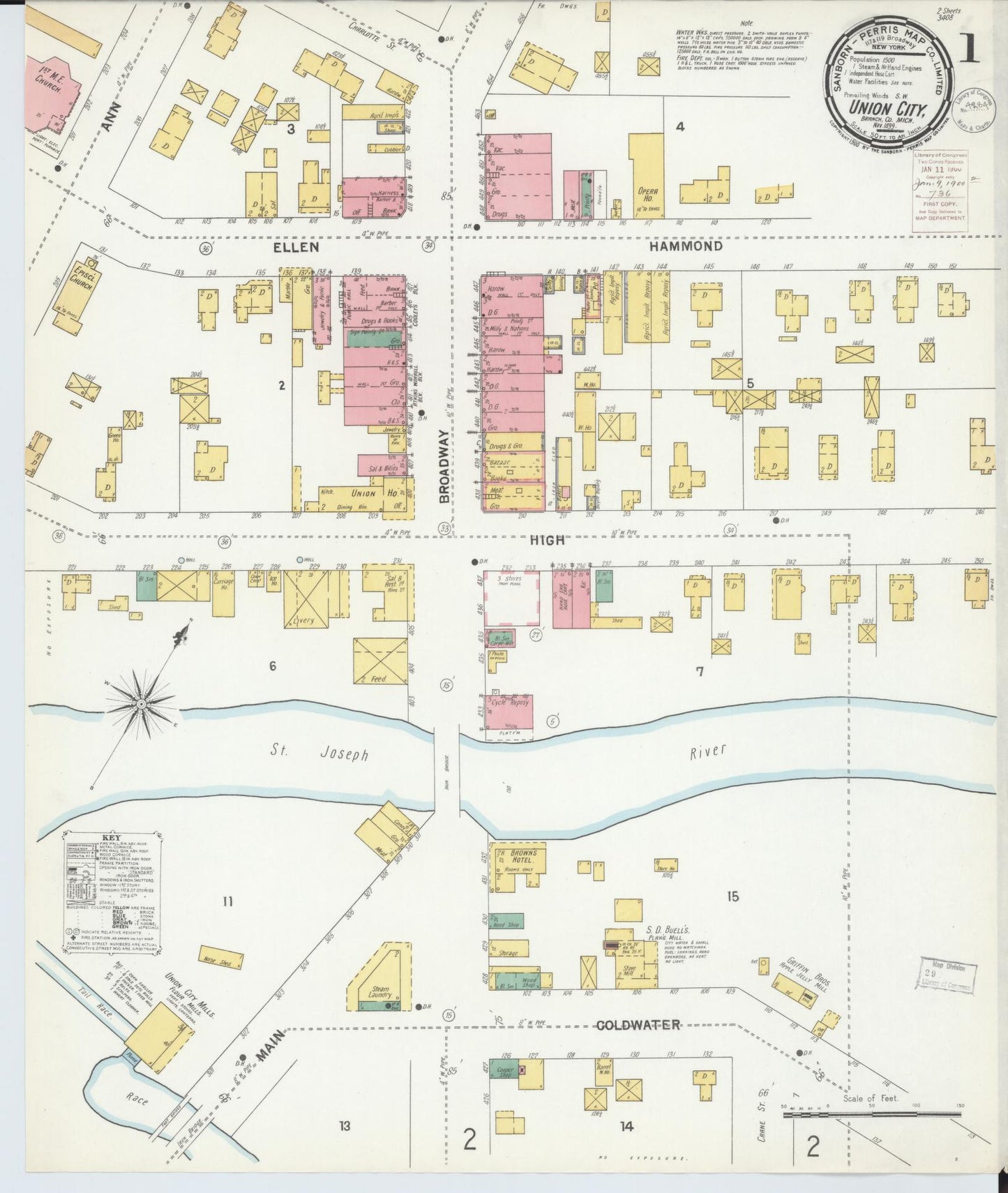 Sanborn Fire Insurance Map from Union City, Branch And Calhoun Counties, Michigan (1899), Sheet #0001 - Historic Sanborn Fire Insurance Map Print, vintage old map wall art, antique decor, genealogy gift, Michigan Michigan map