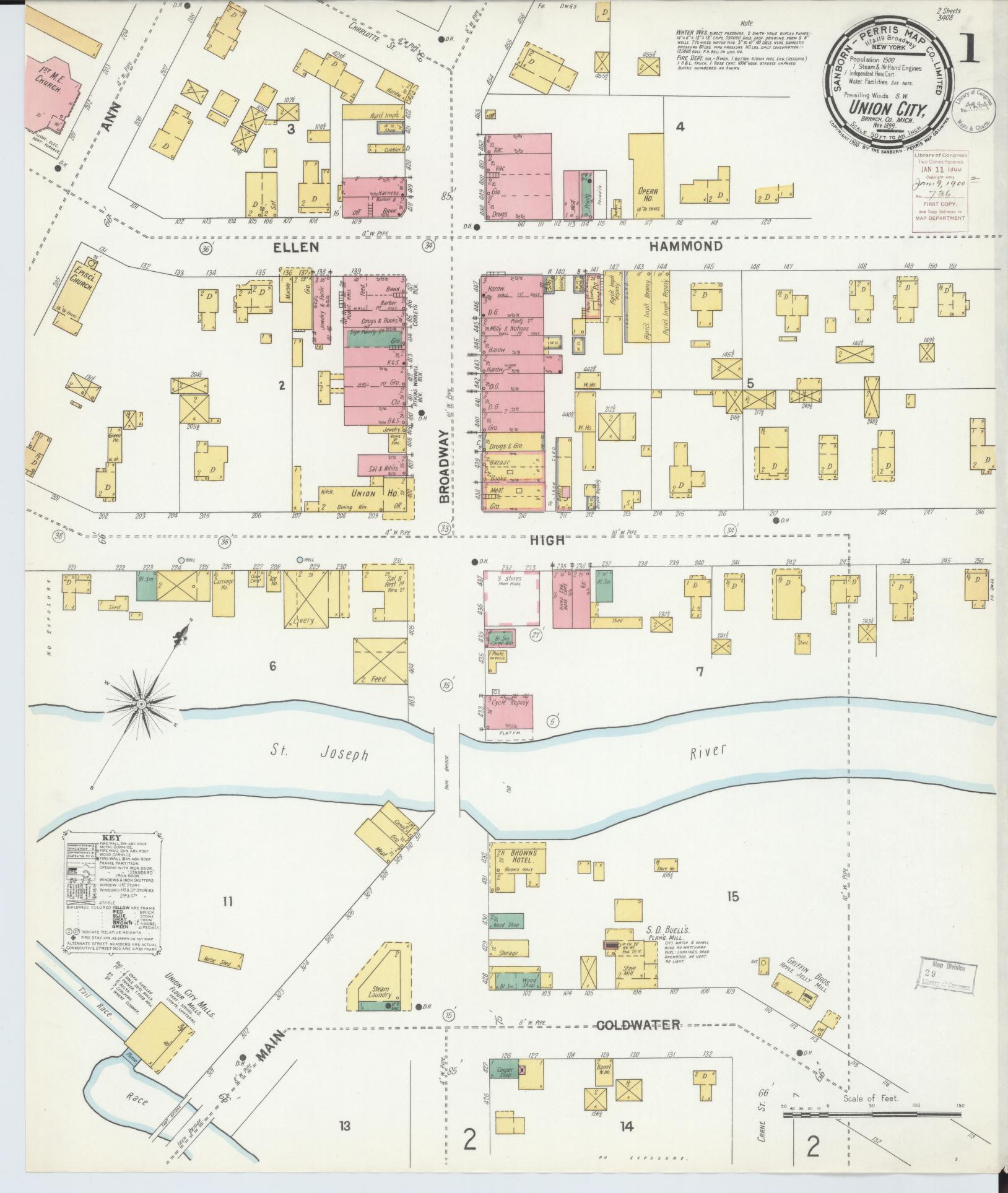 Sanborn Fire Insurance Map from Union City, Branch And Calhoun Counties, Michigan (1899), Sheet #0001 - Historic Sanborn Fire Insurance Map Print, vintage old map wall art, antique decor, genealogy gift, Michigan Michigan map