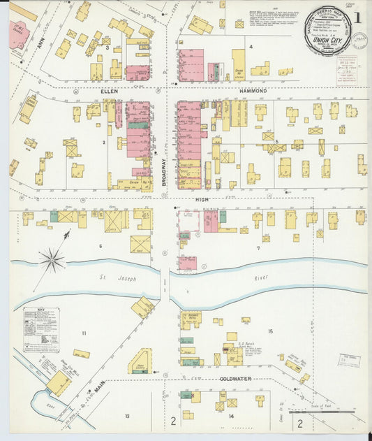 Sanborn Fire Insurance Map from Union City, Branch And Calhoun Counties, Michigan (1899), Sheet #0001 - Historic Sanborn Fire Insurance Map Print, vintage old map wall art, antique decor, genealogy gift, Michigan Michigan map