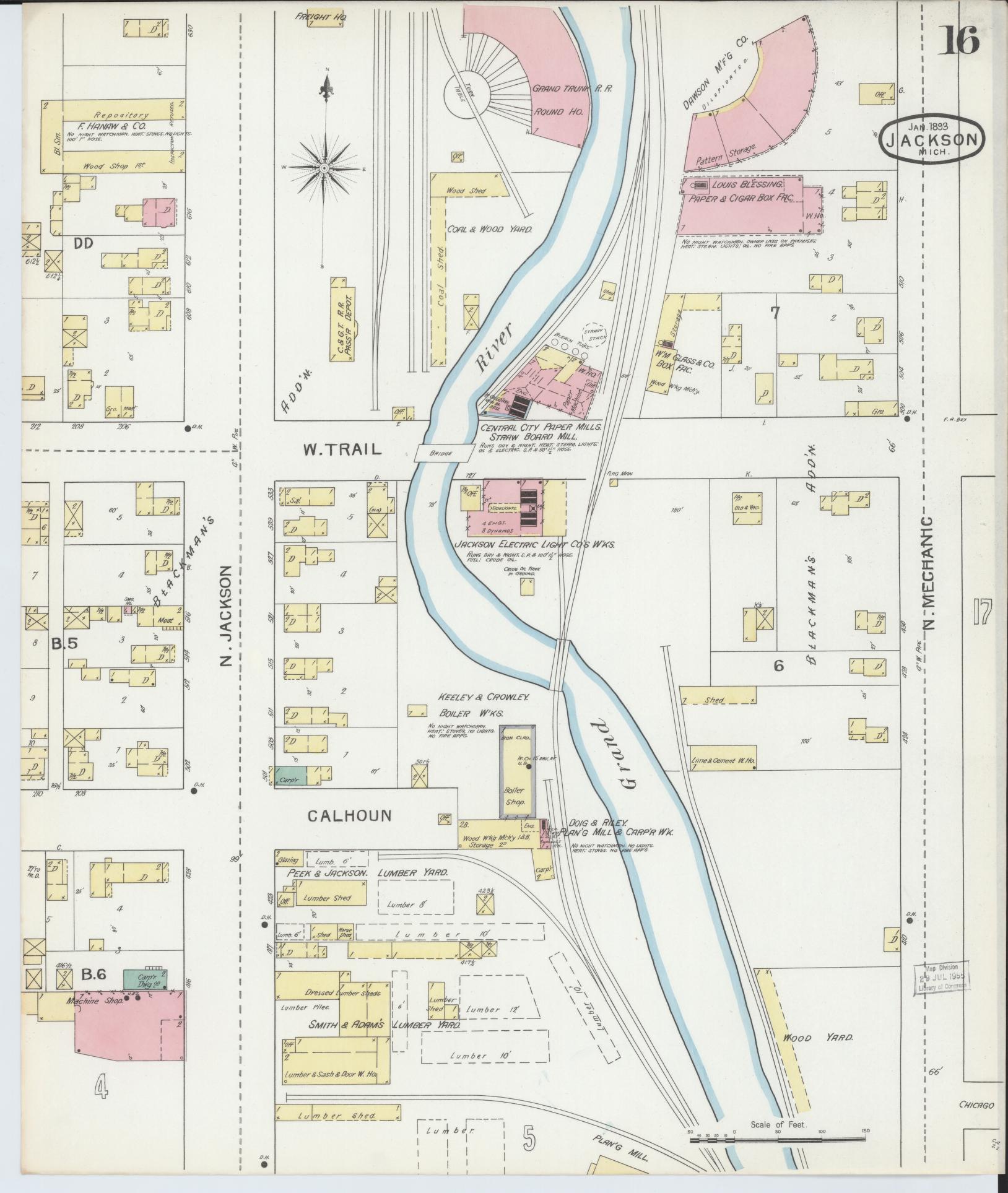 Sanborn Fire Insurance Map from Jackson, Jackson County, Michigan (1893), Sheet #0016 - Complete Map Set gallery image, historic Sanborn map, vintage wall art, Michigan Michigan