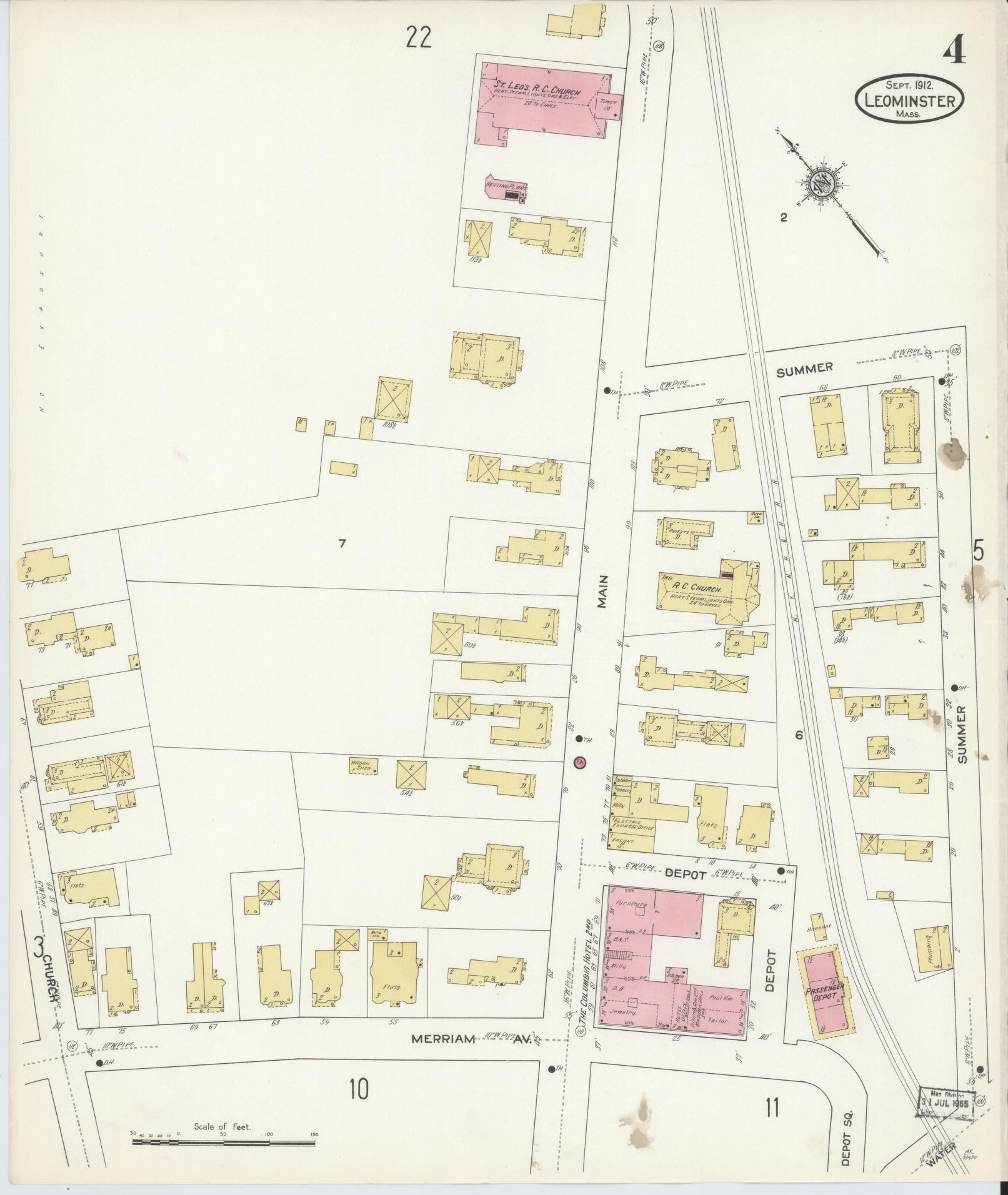 Sanborn Fire Insurance Map from Leominster, Worcester County, Massachusetts (1912), Sheet #0004 - Complete Map Set gallery image, historic Sanborn map, vintage wall art, Massachusetts Massachusetts