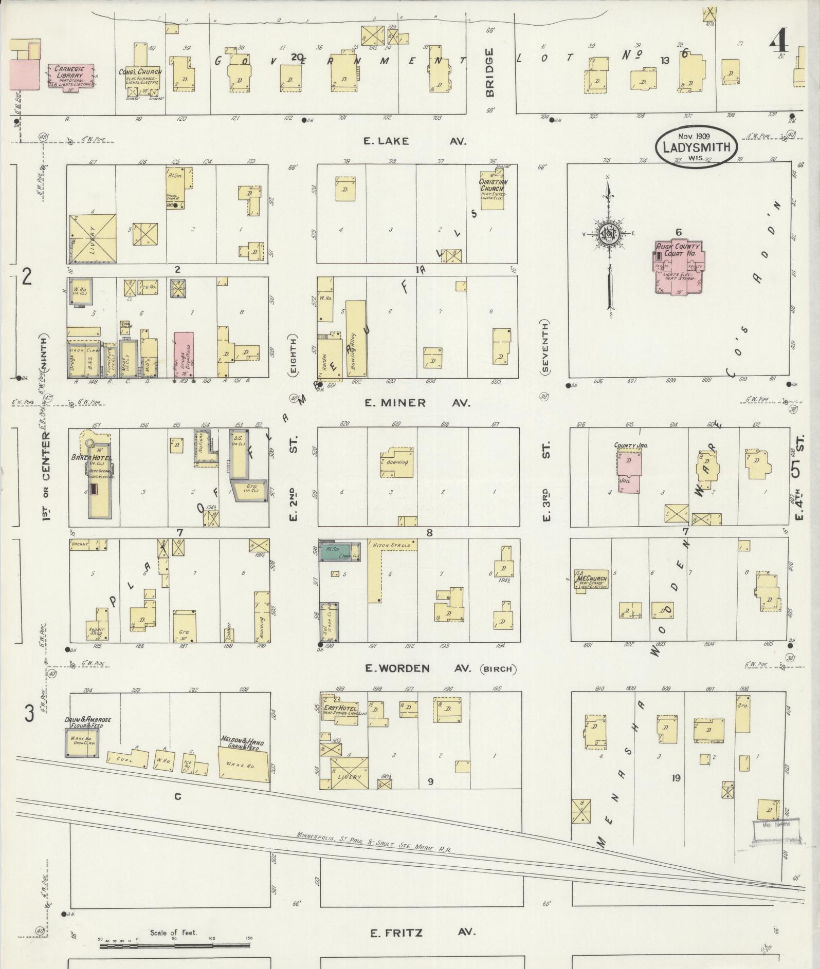 Sanborn Fire Insurance Map from Ladysmith, Rusk County, Wisconsin (1909), Sheet #0004 - Historic Sanborn Fire Insurance Map Print, vintage old map wall art, antique decor, genealogy gift, Wisconsin Wisconsin map