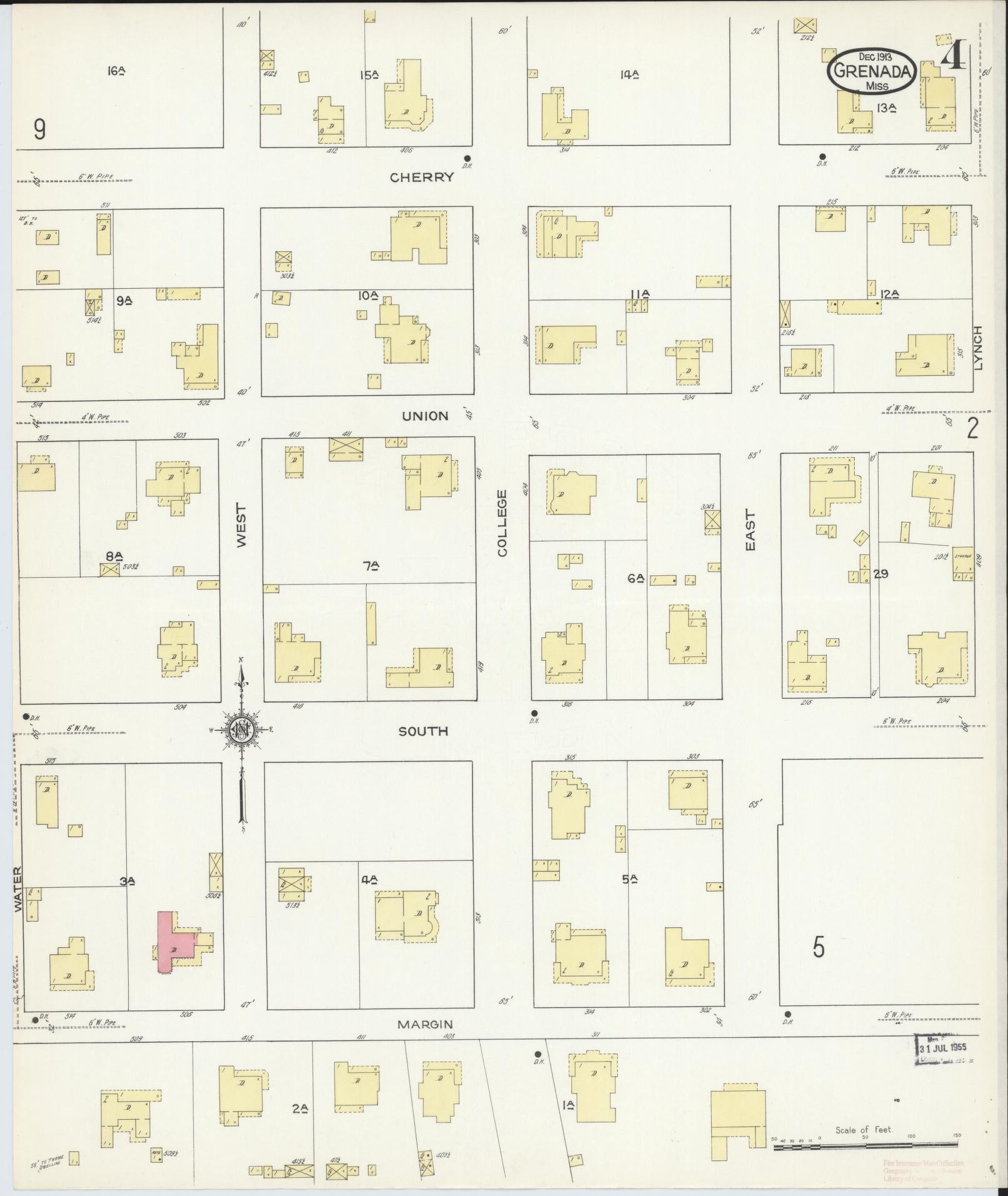 Sanborn Fire Insurance Map from Grenada, Grenada County, Mississippi (1913), Sheet #0004 - Historic Sanborn Fire Insurance Map Print, vintage old map wall art, antique decor, genealogy gift, Mississippi Mississippi map