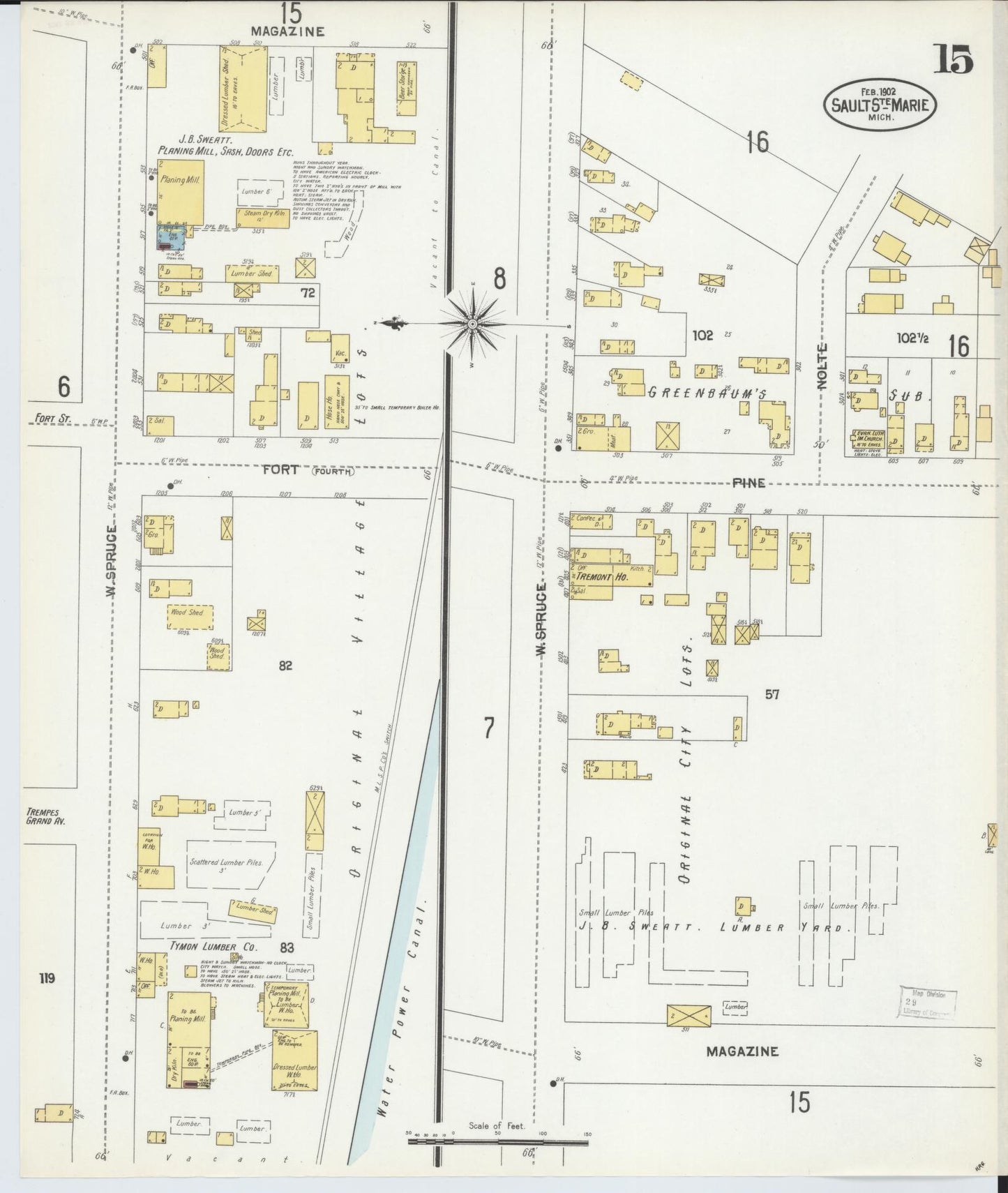 Sanborn Fire Insurance Map from Sault Sainte Marie, Chippewa County, Michigan (1902), Sheet #0015 - Historic Sanborn Fire Insurance Map Print, vintage old map wall art, antique decor, genealogy gift, Michigan Michigan map