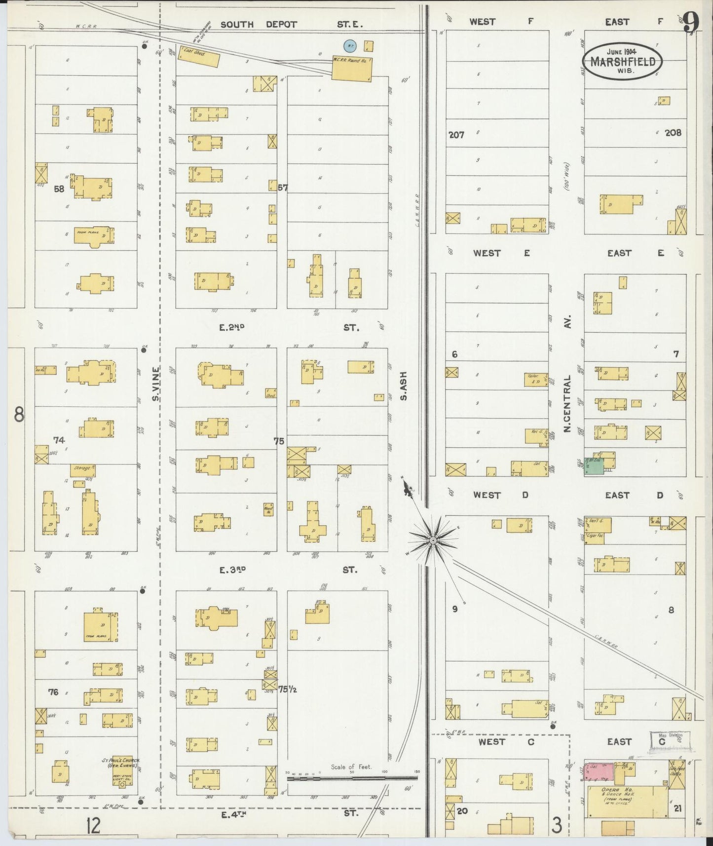 Sanborn Fire Insurance Map from Marshfield, Wood County, Wisconsin (1904), Sheet #0009 - Complete Map Set gallery image, historic Sanborn map, vintage wall art, Wisconsin Wisconsin