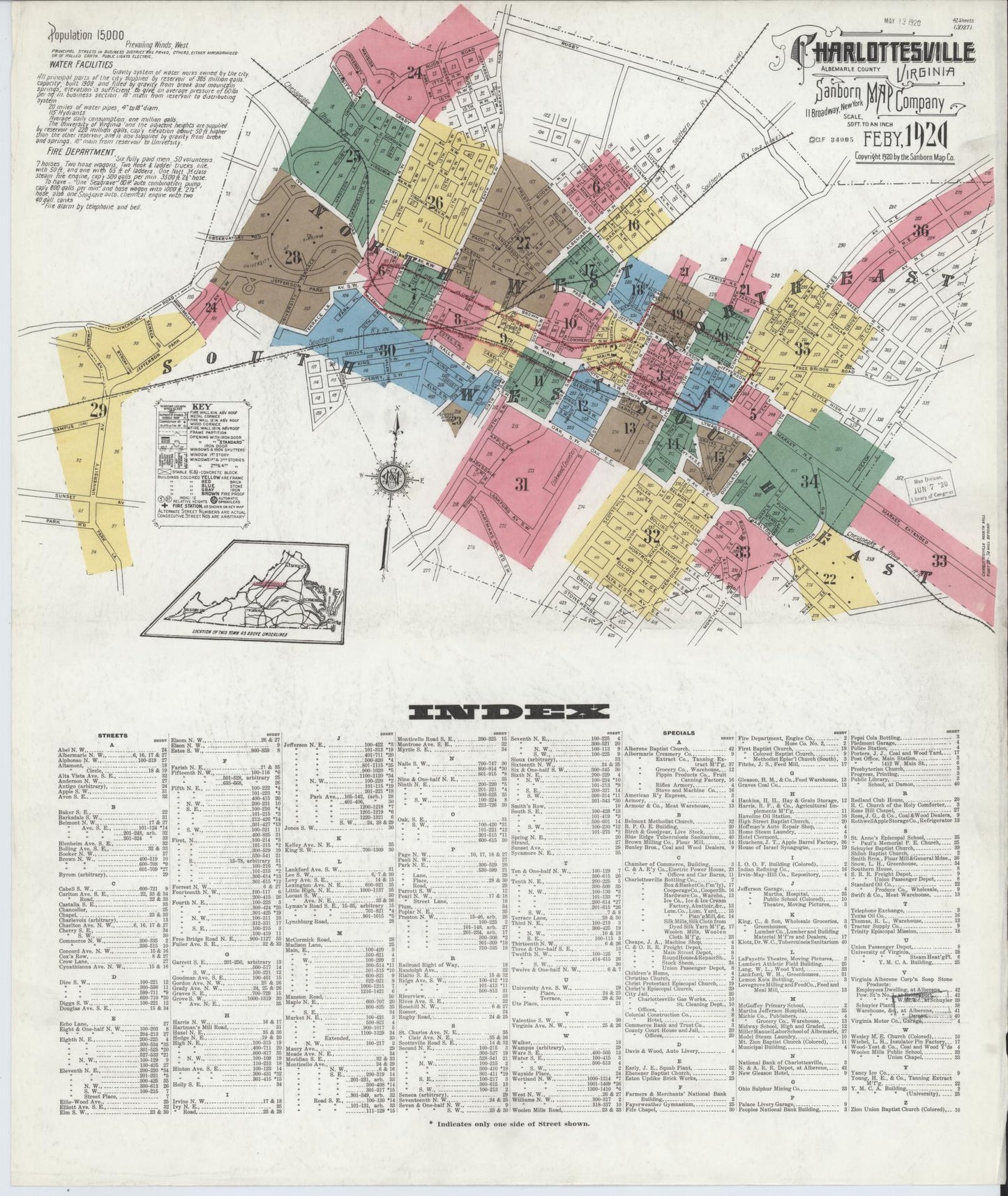 Sanborn Fire Insurance Map from Charlottesville, Independent Cities, Virginia (1920), Sheet #0001 - Complete Map Set gallery image, historic Sanborn map, vintage wall art, Virginia Virginia