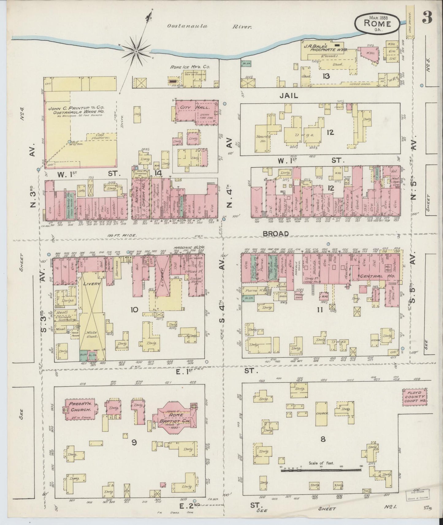 Sanborn Fire Insurance Map from Rome, Floyd County, Georgia (1888), Sheet #0003 - Complete Map Set gallery image, historic Sanborn map, vintage wall art, Georgia Georgia