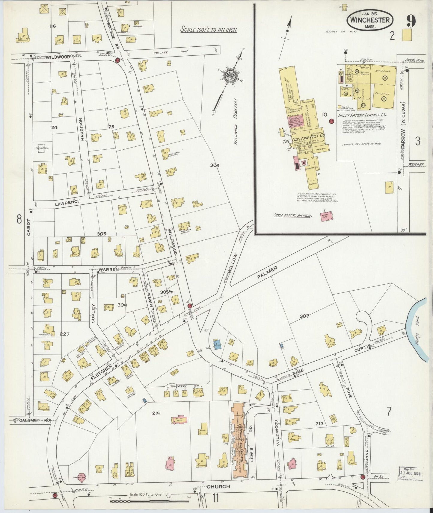Sanborn Fire Insurance Map from Winchester, Middlesex County, Massachusetts (1916), Sheet #0009 - Historic Sanborn Fire Insurance Map Print, vintage old map wall art, antique decor, genealogy gift, Massachusetts Massachusetts map