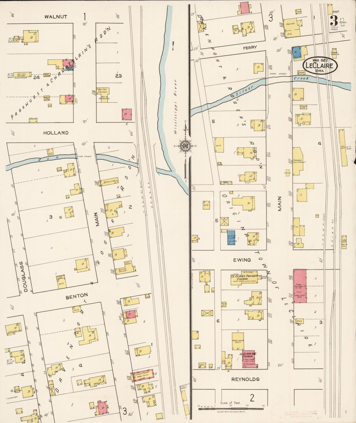 Sanborn Fire Insurance Map from Le Claire, Scott County, Iowa (1922), Sheet #0003 - Historic Sanborn Fire Insurance Map Print