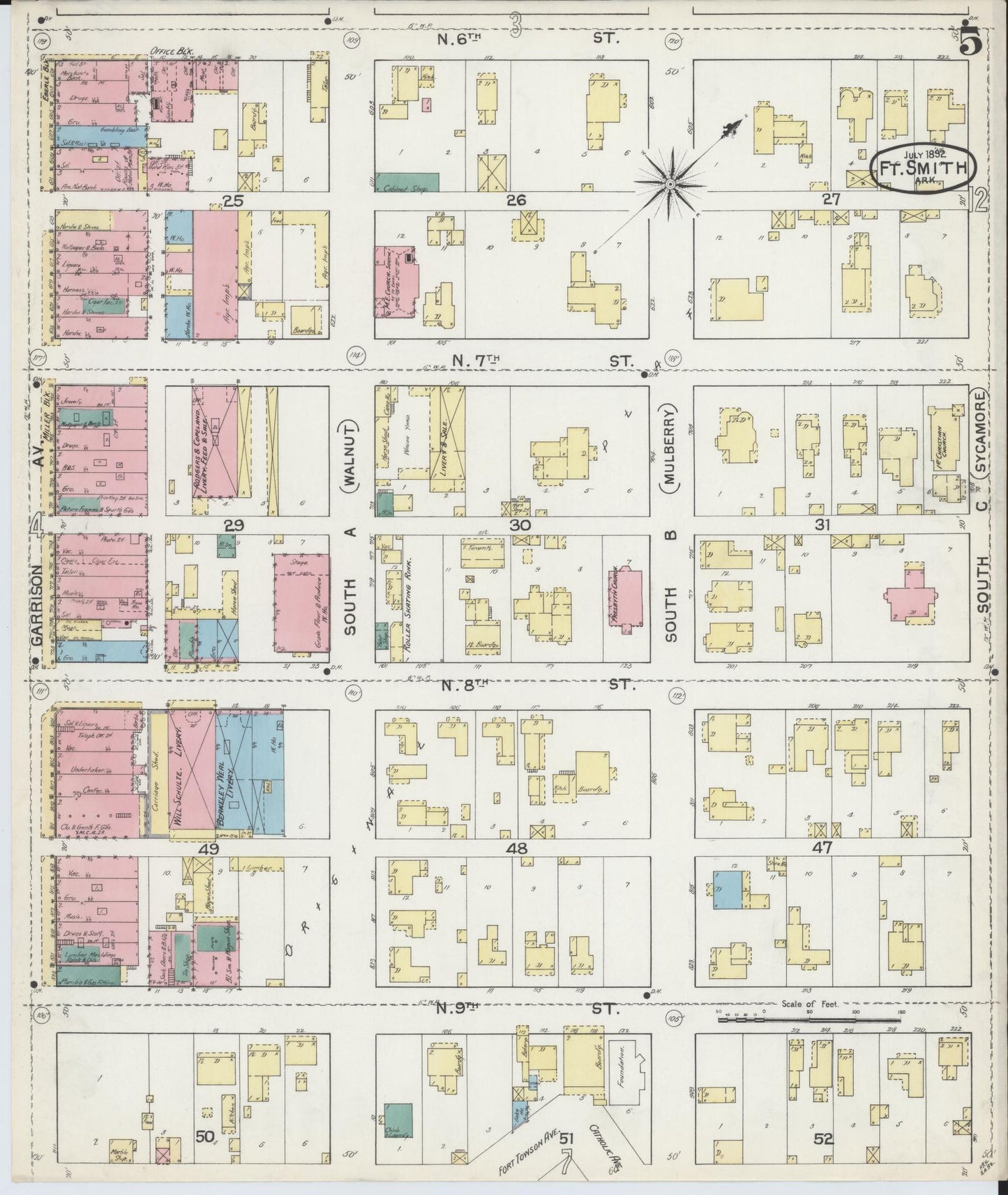 Sanborn Fire Insurance Map from Fort Smith, Sebastian County, Arkansas (1892), Sheet #0005 - Historic Sanborn Fire Insurance Map Print, vintage old map wall art, antique decor, genealogy gift, Arkansas Arkansas map