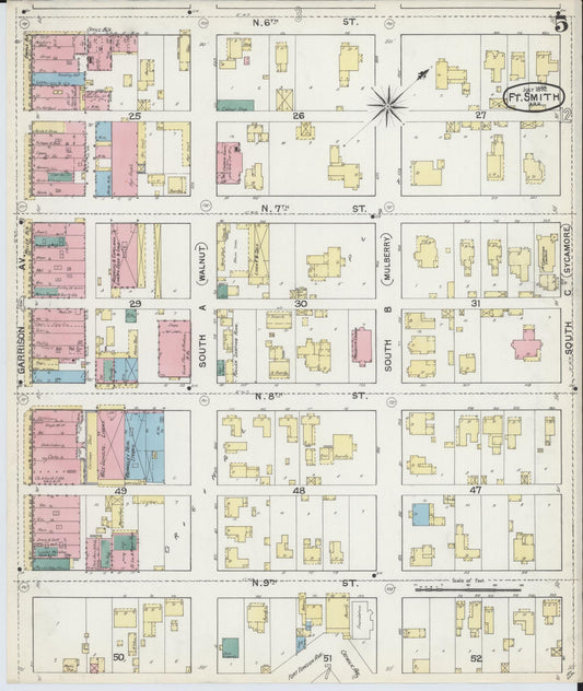 Sanborn Fire Insurance Map from Fort Smith, Sebastian County, Arkansas (1892), Sheet #0005 - Historic Sanborn Fire Insurance Map Print, vintage old map wall art, antique decor, genealogy gift, Arkansas Arkansas map