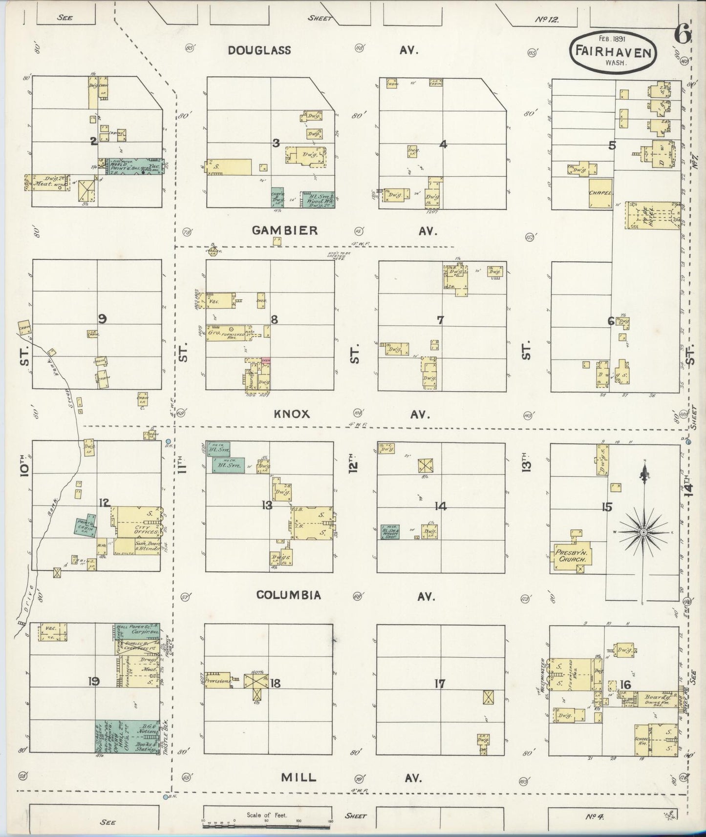Sanborn Fire Insurance Map from Fairhaven [see also Bellingham and Sehome], Whatcom County, Washington (1891), Sheet #0006 - Historic Sanborn Fire Insurance Map Print, vintage old map wall art, antique decor, genealogy gift, Washington Washington map