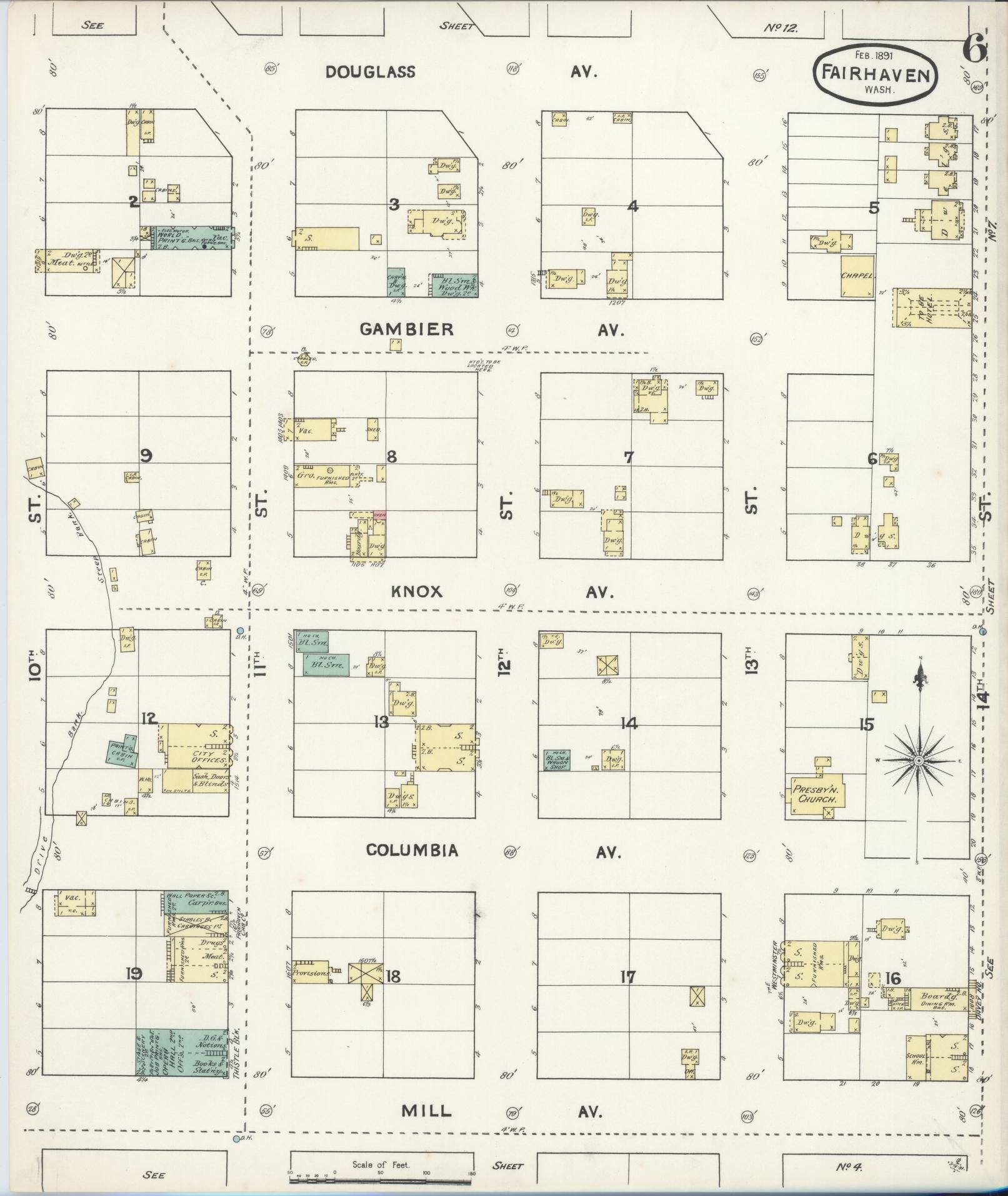 Sanborn Fire Insurance Map from Fairhaven [see also Bellingham and Sehome], Whatcom County, Washington (1891), Sheet #0006 - Historic Sanborn Fire Insurance Map Print, vintage old map wall art, antique decor, genealogy gift, Washington Washington map