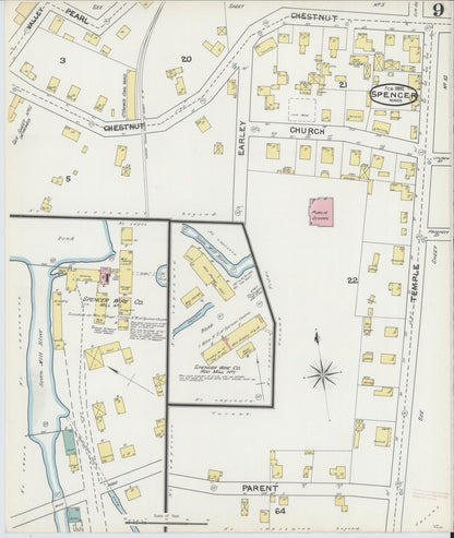 Sanborn Fire Insurance Map from Spencer, Worcester County, Massachusetts (1892), Sheet #0009 - Historic Sanborn Fire Insurance Map Print, vintage old map wall art, antique decor, genealogy gift, Massachusetts Massachusetts map