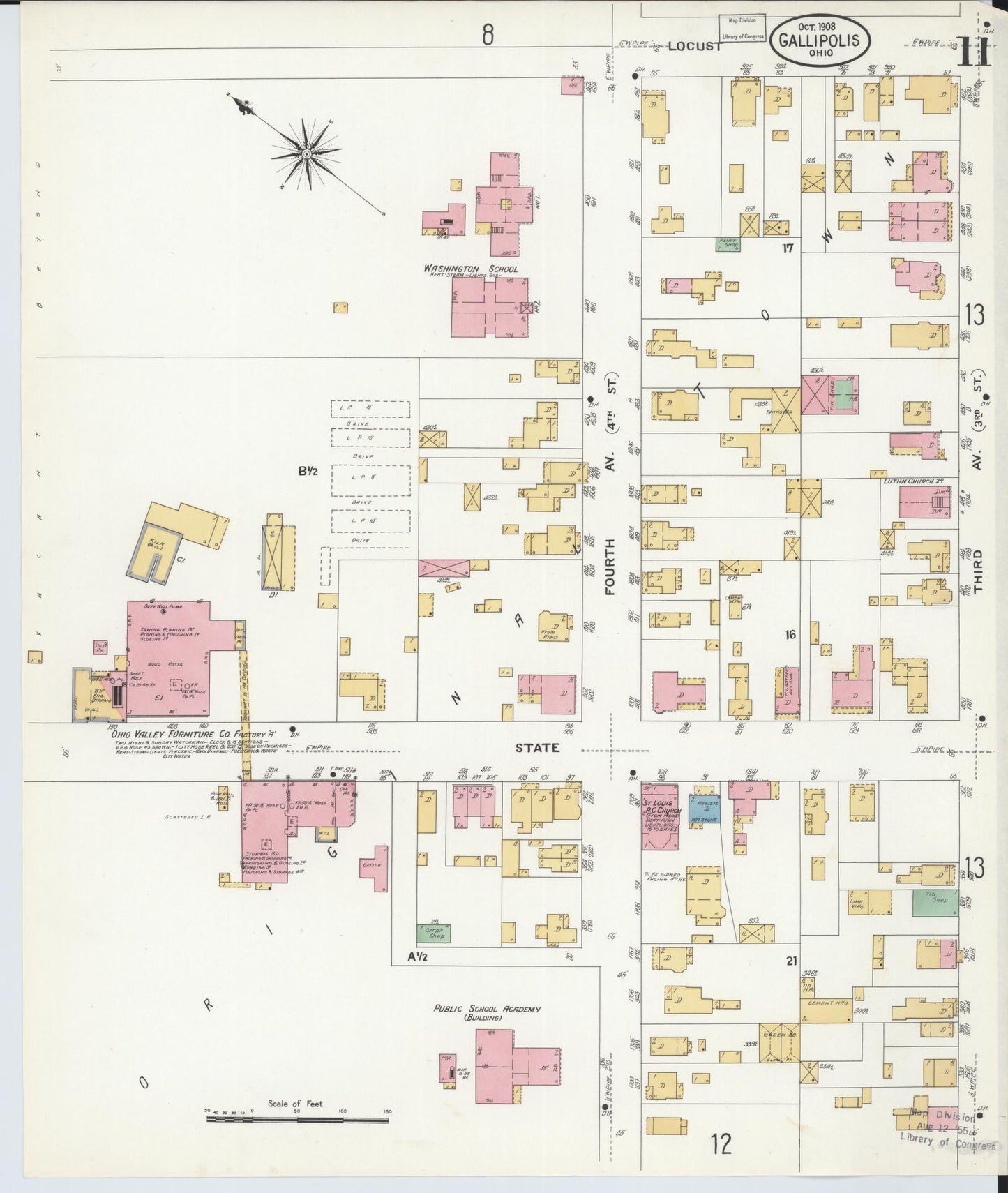 Sanborn Fire Insurance Map from Gallipolis, Gallia County, Ohio (1908), Sheet #0011 - Historic Sanborn Fire Insurance Map Print, vintage old map wall art, antique decor, genealogy gift, Ohio Ohio map