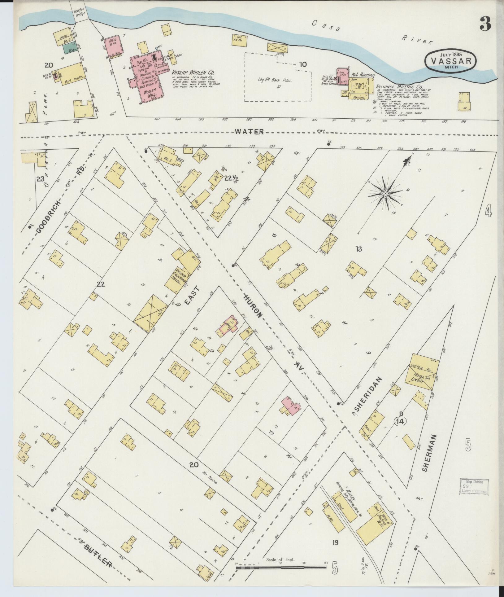 Sanborn Fire Insurance Map from Vassar, Tuscola County, Michigan (1895), Sheet #0003 - Historic Sanborn Fire Insurance Map Print, vintage old map wall art, antique decor, genealogy gift, Michigan Michigan map