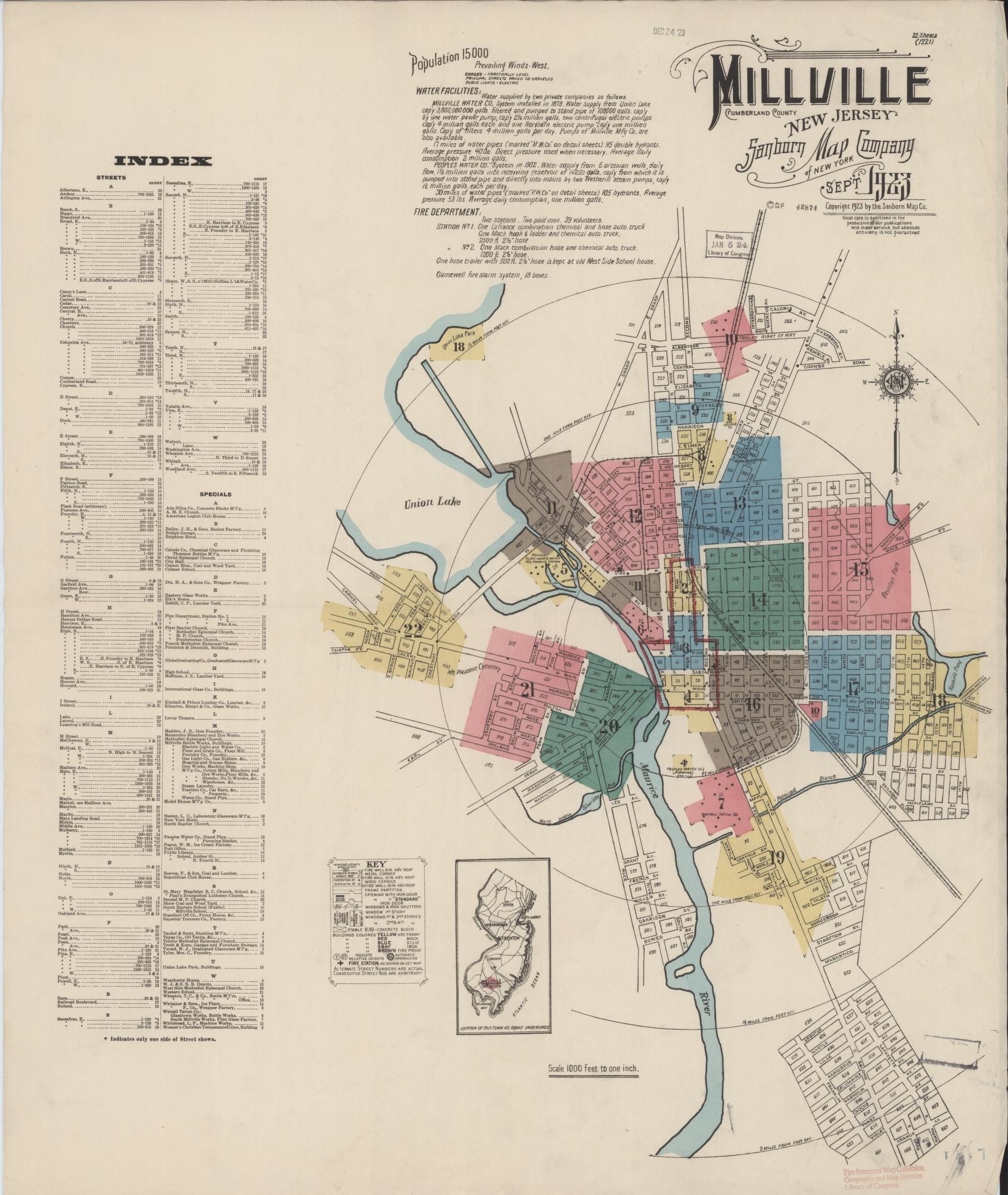 Sanborn Fire Insurance Map from Millville, Cumberland County, New Jersey. (1923) – Historic Sanborn Fire Insurance Map Print