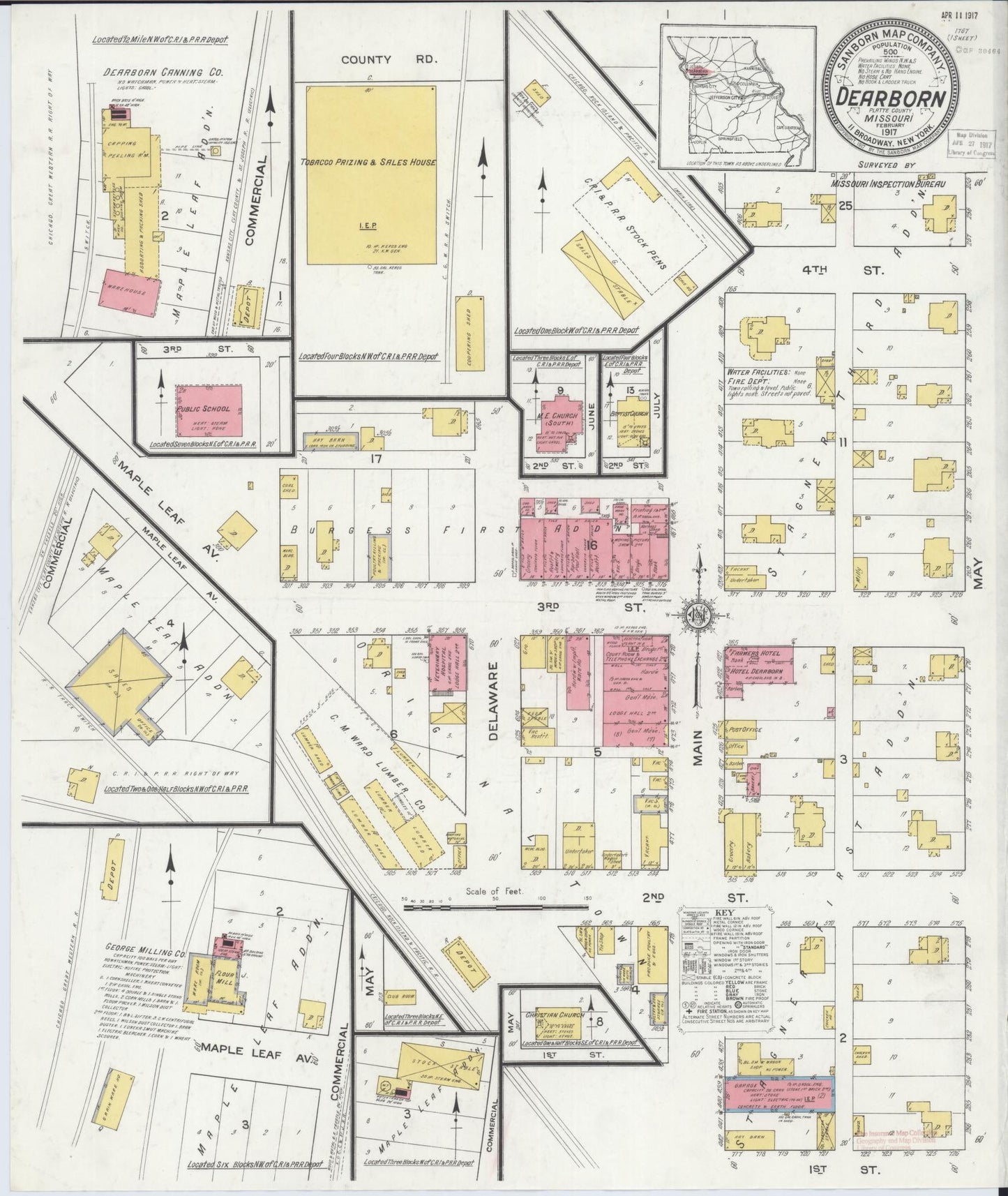 Sanborn Fire Insurance Map from Dearborn, Platte County, Missouri (1917), Sheet #0001 - Historic Sanborn Fire Insurance Map Print, vintage old map wall art, antique decor, genealogy gift, Missouri Missouri map