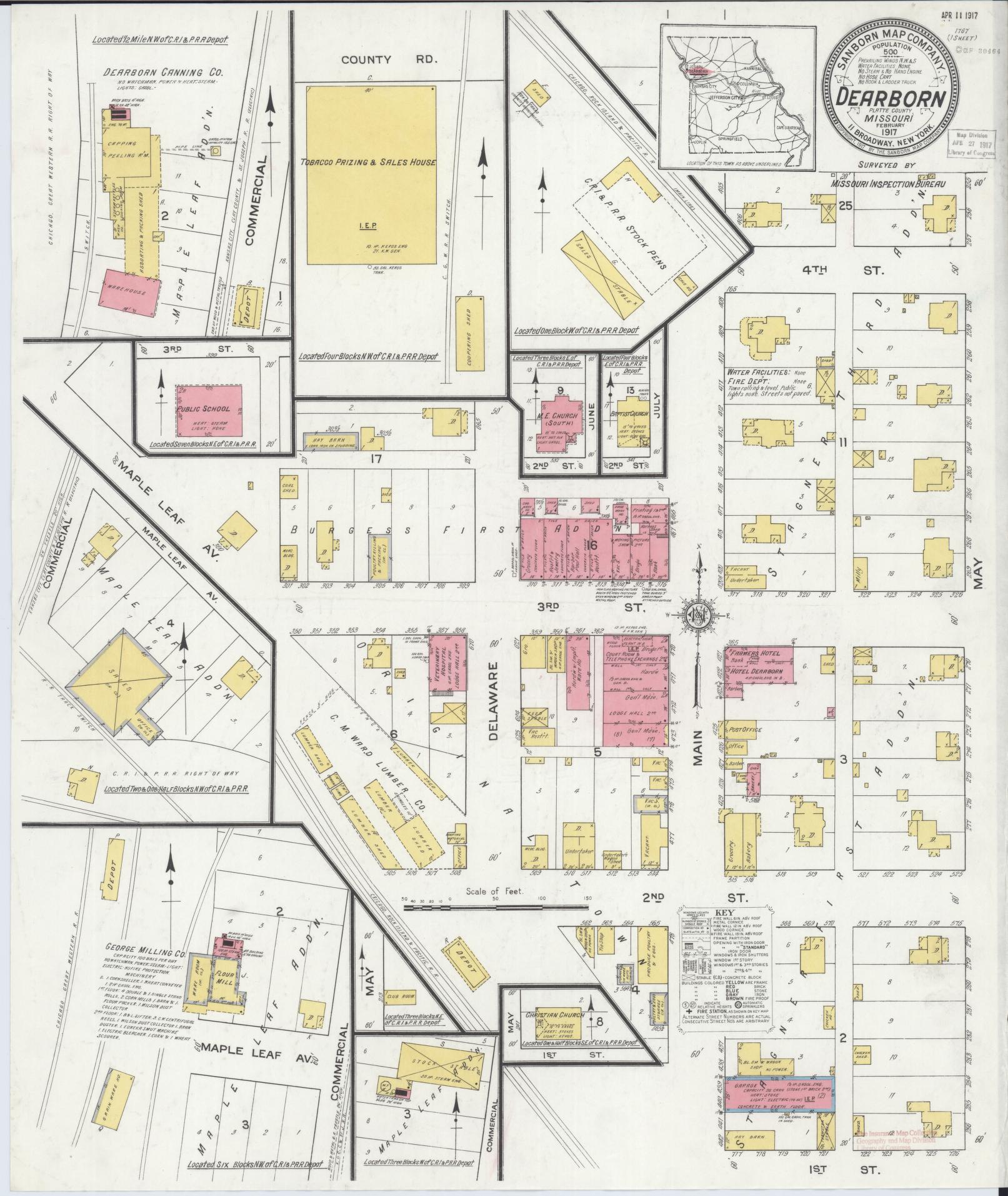 Sanborn Fire Insurance Map from Dearborn, Platte County, Missouri (1917), Sheet #0001 - Historic Sanborn Fire Insurance Map Print, vintage old map wall art, antique decor, genealogy gift, Missouri Missouri map