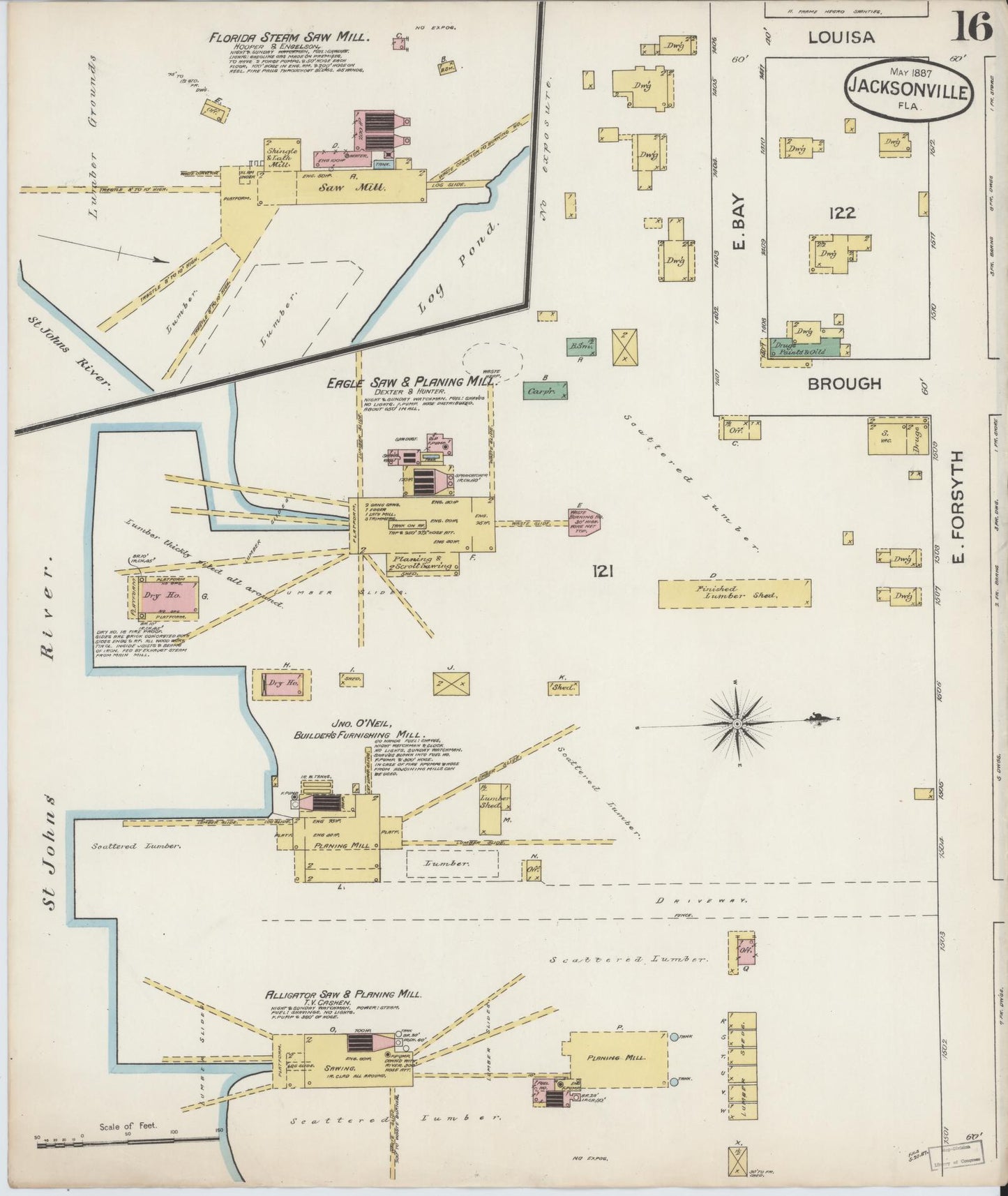 Sanborn Fire Insurance Map from Jacksonville, Duval County, Florida (1887), Sheet #0016 - Historic Sanborn Fire Insurance Map Print, vintage old map wall art, antique decor, genealogy gift, Florida Florida map