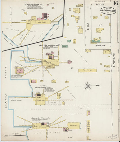 Sanborn Fire Insurance Map from Jacksonville, Duval County, Florida (1887), Sheet #0016 - Historic Sanborn Fire Insurance Map Print, vintage old map wall art, antique decor, genealogy gift, Florida Florida map