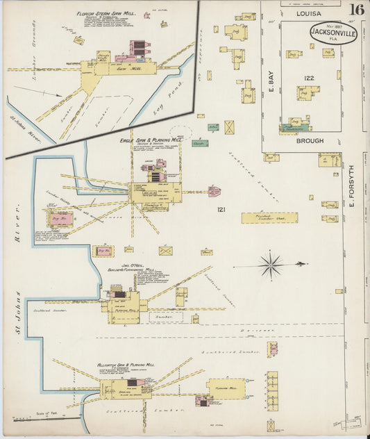 Sanborn Fire Insurance Map from Jacksonville, Duval County, Florida (1887), Sheet #0016 - Historic Sanborn Fire Insurance Map Print, vintage old map wall art, antique decor, genealogy gift, Florida Florida map