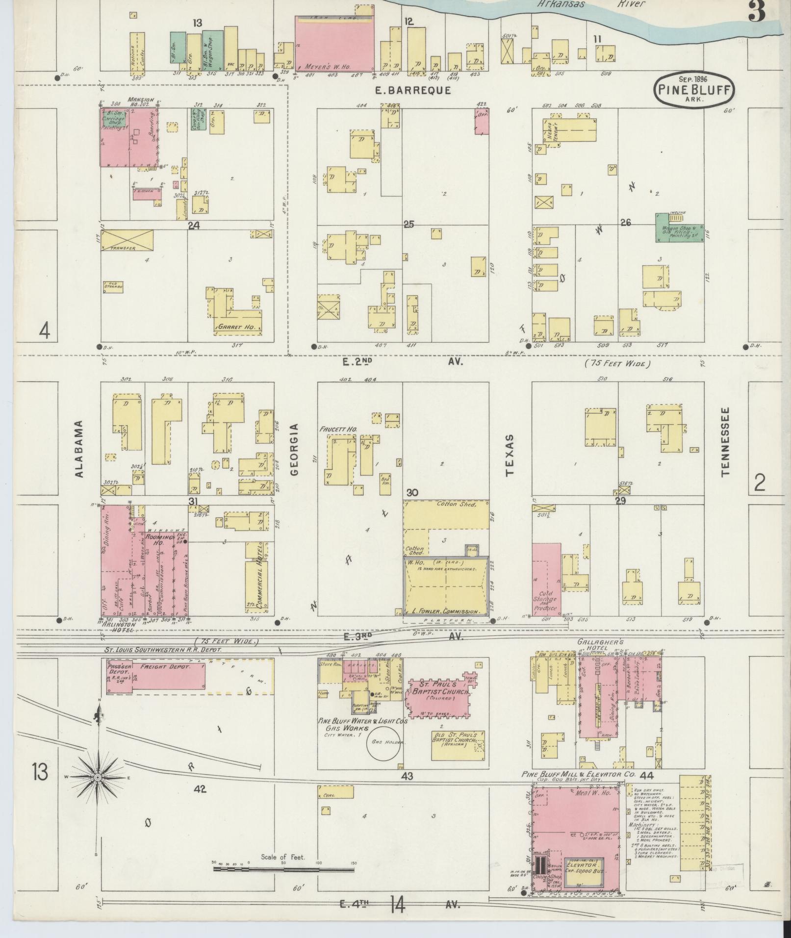 Sanborn Fire Insurance Map from Pine Bluff, Jefferson County, Arkansas (1896), Sheet #0003 - Historic Sanborn Fire Insurance Map Print, vintage old map wall art, antique decor, genealogy gift, Arkansas Arkansas map