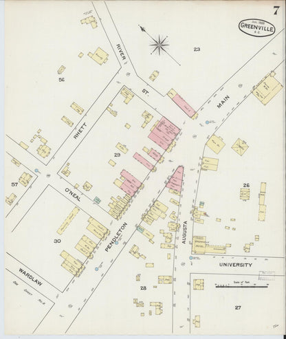 Sanborn Fire Insurance Map from Greenville, Greenville County, South Carolina (1888), Sheet #0007 - Complete Map Set gallery image, historic Sanborn map, vintage wall art, South Carolina South Carolina